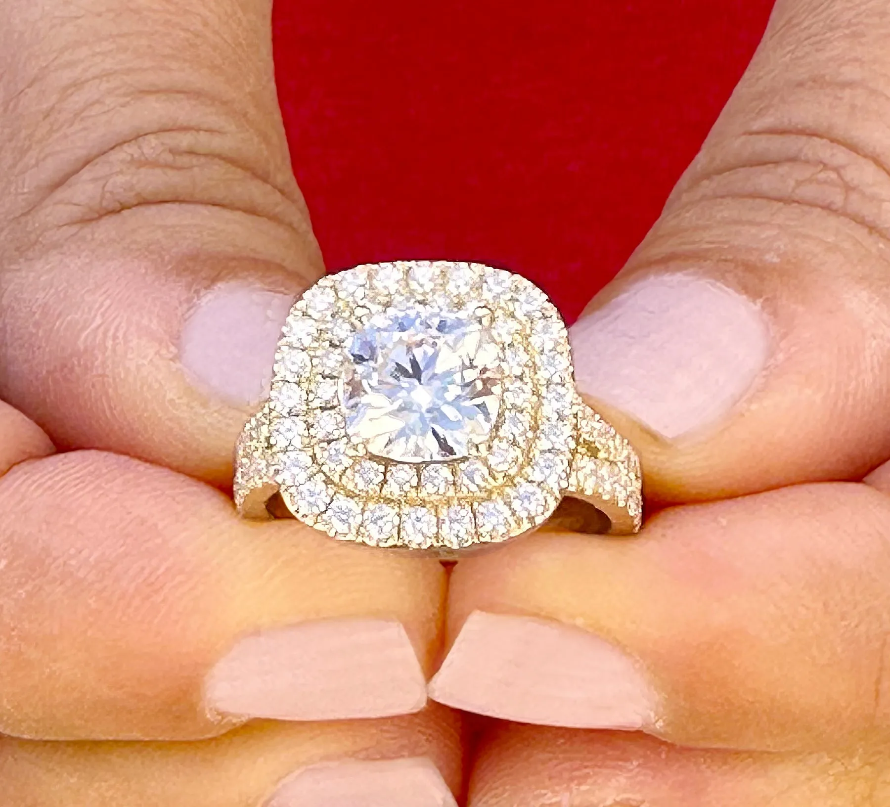 Cushion Cut Moissanite And Round Cut Sides Engagement Ring Double Halo Women's 14K Solid Yellow Gold Split Shank Wedding Bridal Ring 3.00ctw