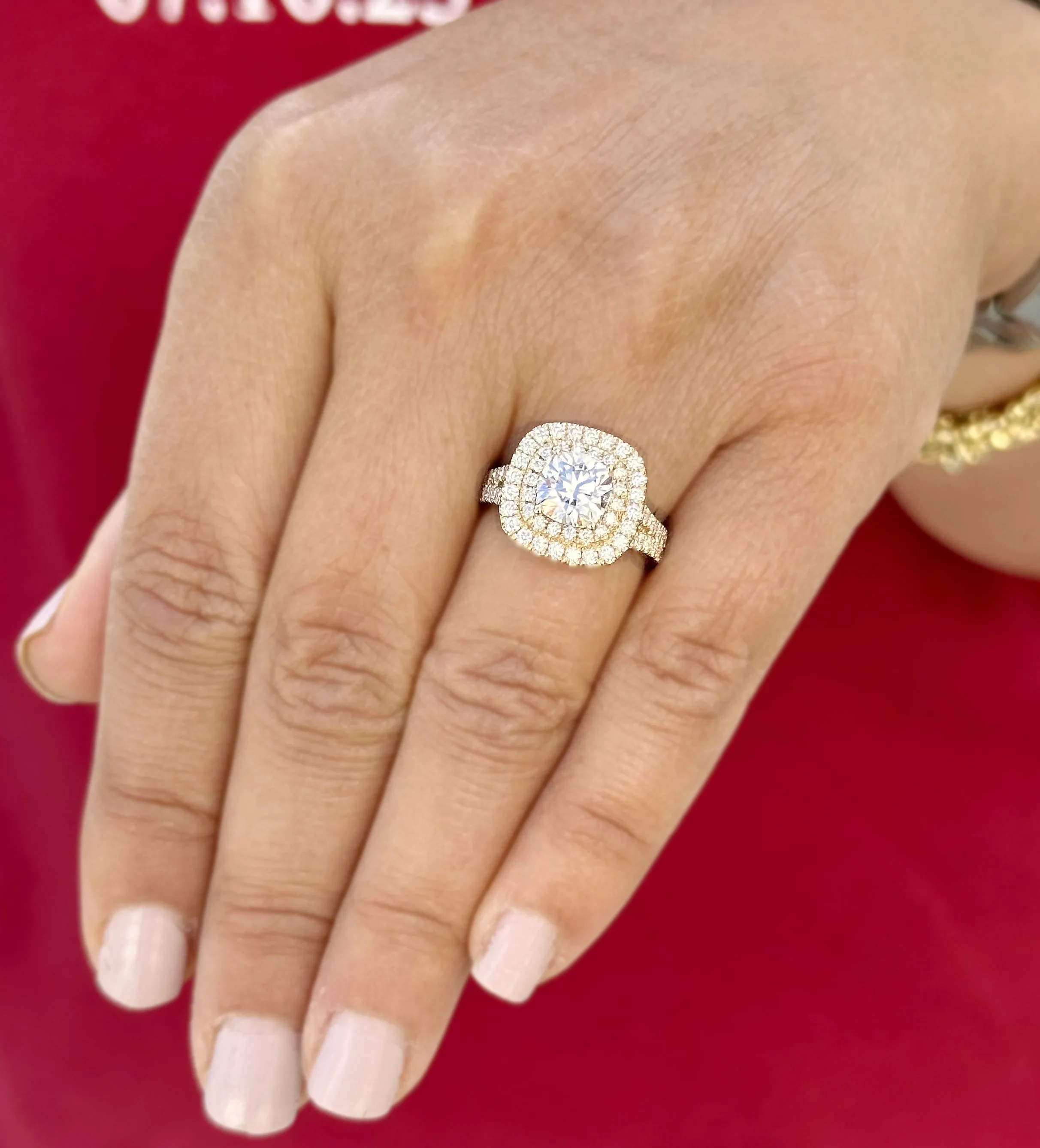 Cushion Cut Moissanite And Round Cut Sides Engagement Ring Double Halo Women's 14K Solid Yellow Gold Split Shank Wedding Bridal Ring 3.00ctw