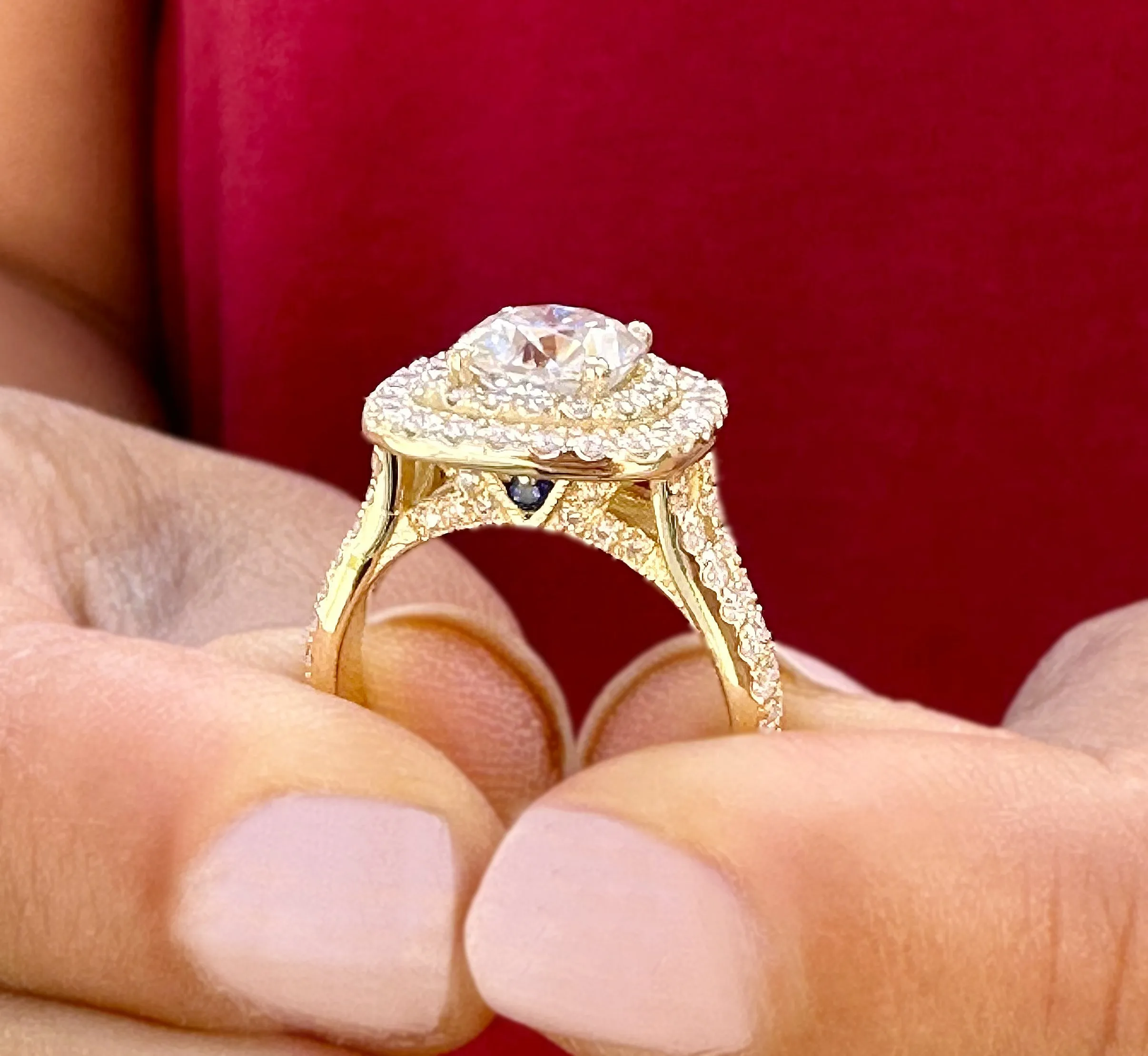 Cushion Cut Moissanite And Round Cut Sides Engagement Ring Double Halo Women's 14K Solid Yellow Gold Split Shank Wedding Bridal Ring 3.00ctw