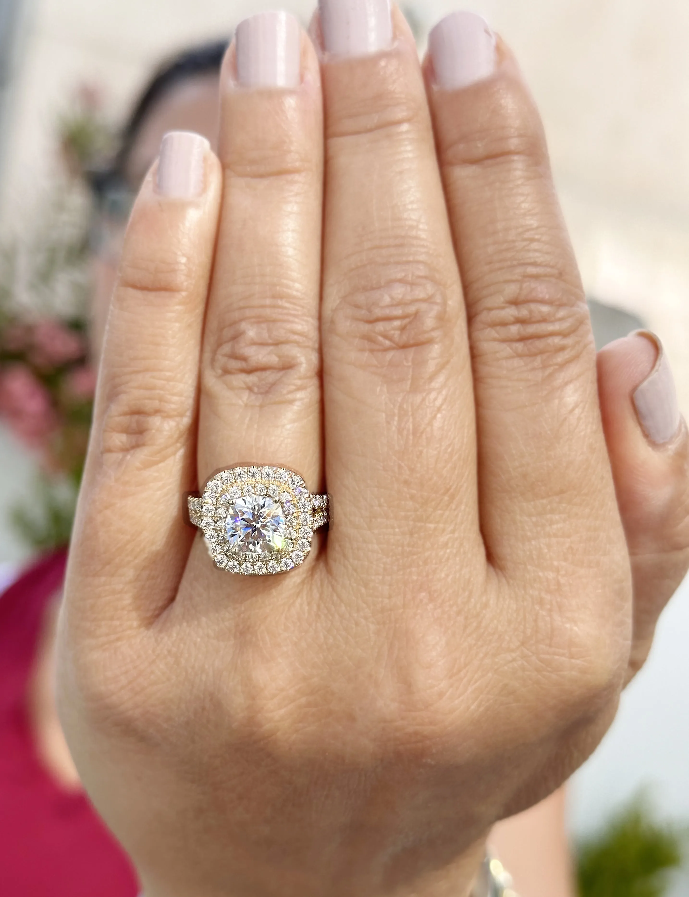 Cushion Cut Moissanite And Round Cut Sides Engagement Ring Double Halo Women's 14K Solid Yellow Gold Split Shank Wedding Bridal Ring 3.00ctw