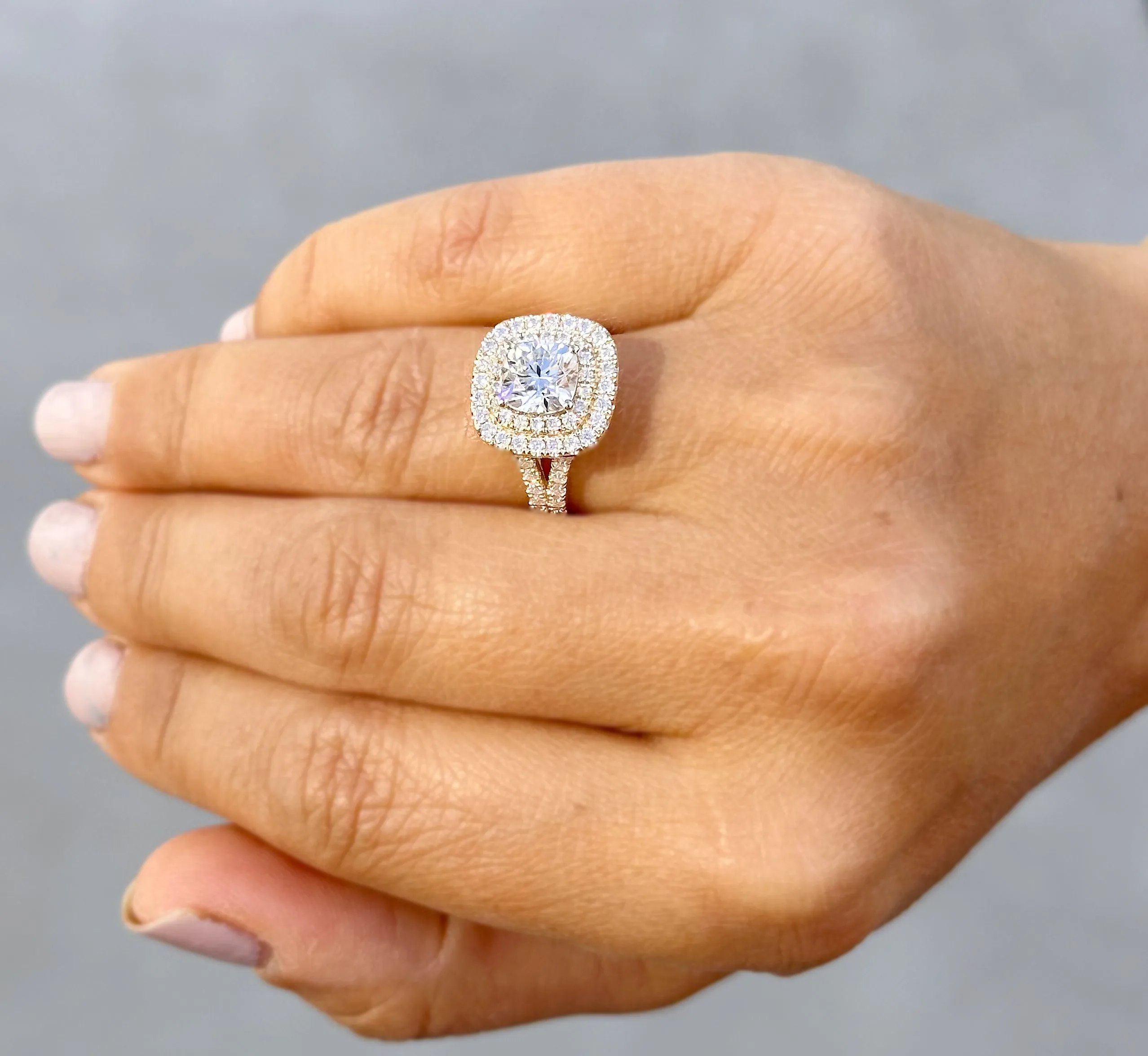 Cushion Cut Moissanite And Round Cut Sides Engagement Ring Double Halo Women's 14K Solid Yellow Gold Split Shank Wedding Bridal Ring 3.00ctw