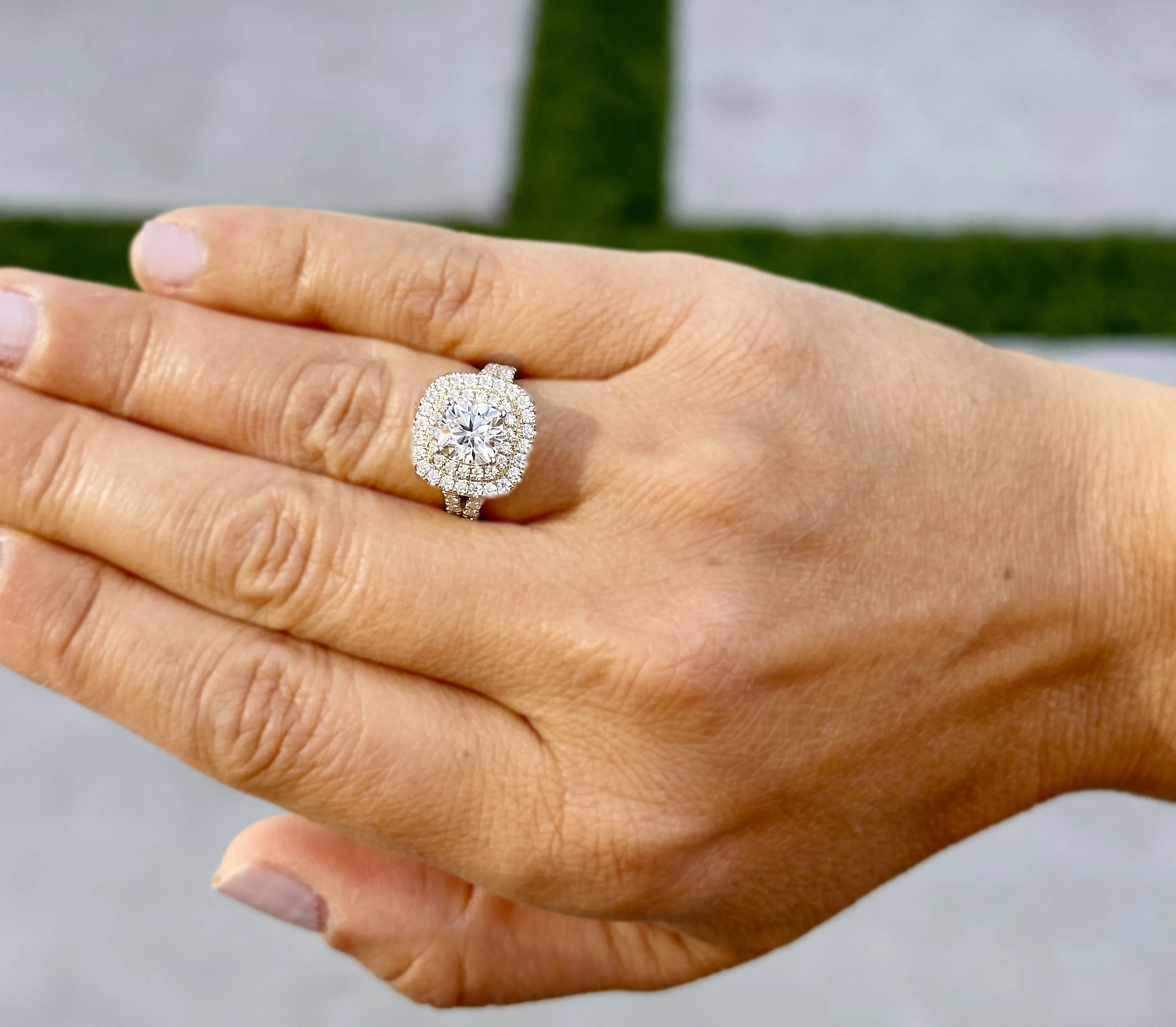 Cushion Cut Moissanite And Round Cut Sides Engagement Ring Double Halo Women's 14K Solid Yellow Gold Split Shank Wedding Bridal Ring 3.00ctw