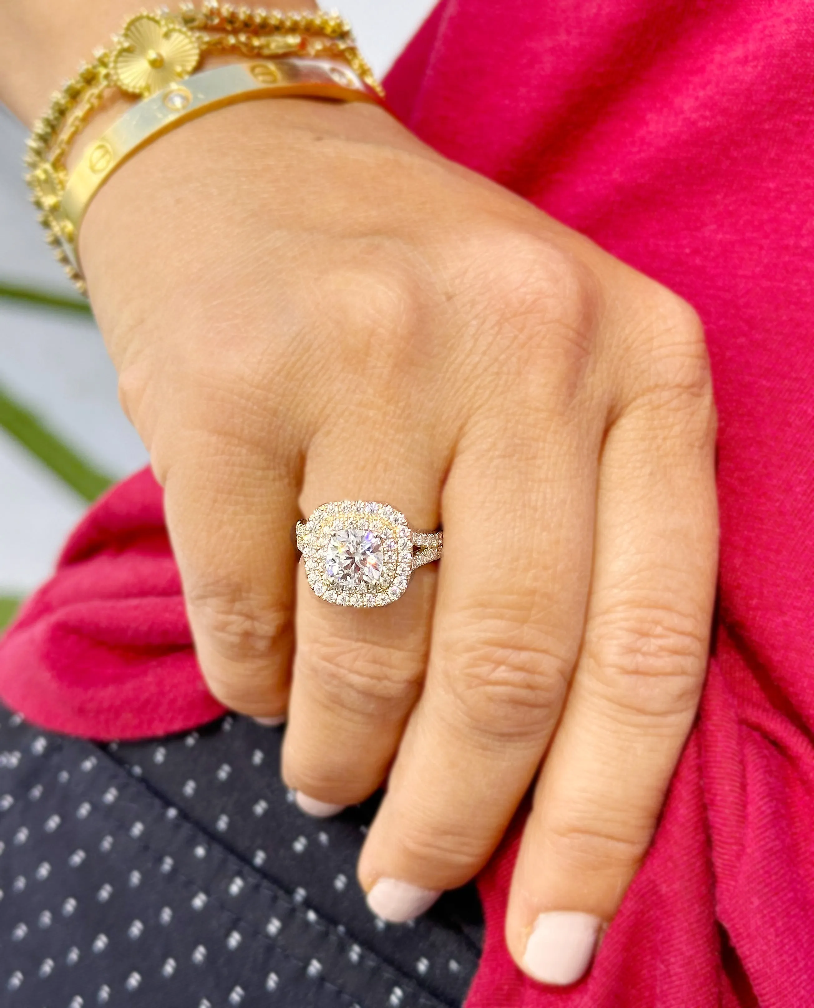 Cushion Cut Moissanite And Round Cut Sides Engagement Ring Double Halo Women's 14K Solid Yellow Gold Split Shank Wedding Bridal Ring 3.00ctw