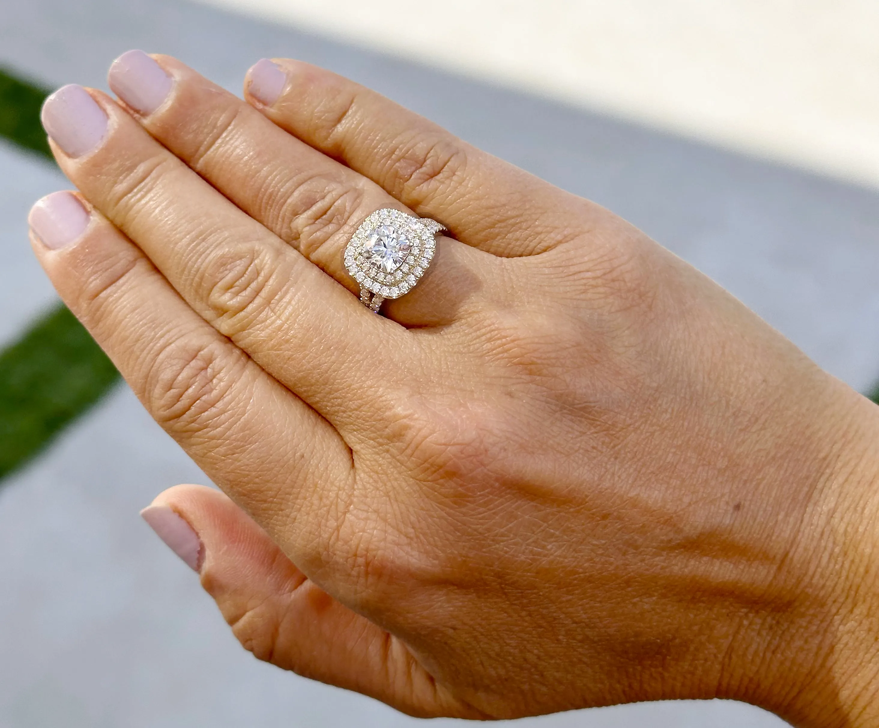 Cushion Cut Moissanite And Round Cut Sides Engagement Ring Double Halo Women's 14K Solid Yellow Gold Split Shank Wedding Bridal Ring 3.00ctw