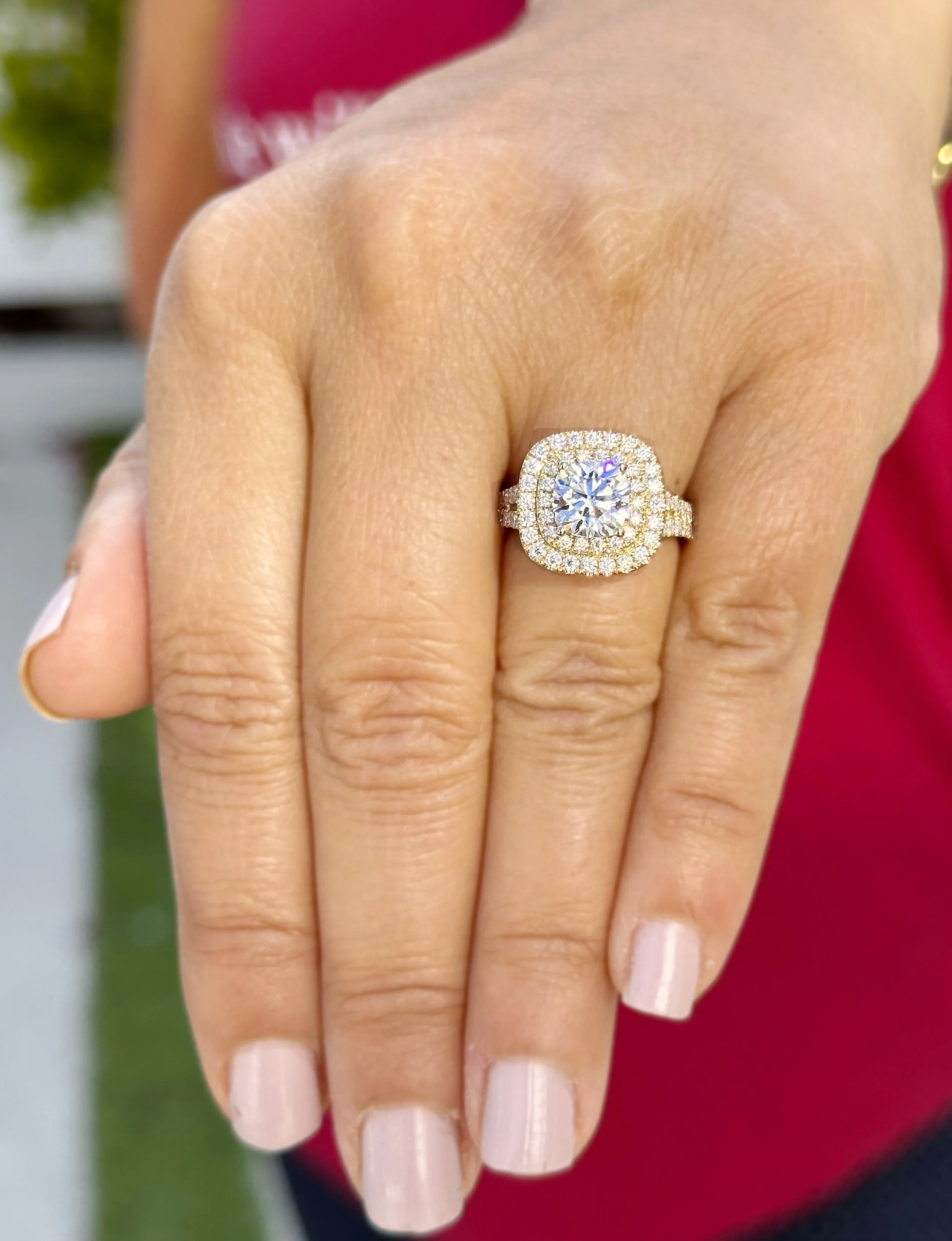 Cushion Cut Moissanite And Round Cut Sides Engagement Ring Double Halo Women's 14K Solid Yellow Gold Split Shank Wedding Bridal Ring 3.00ctw