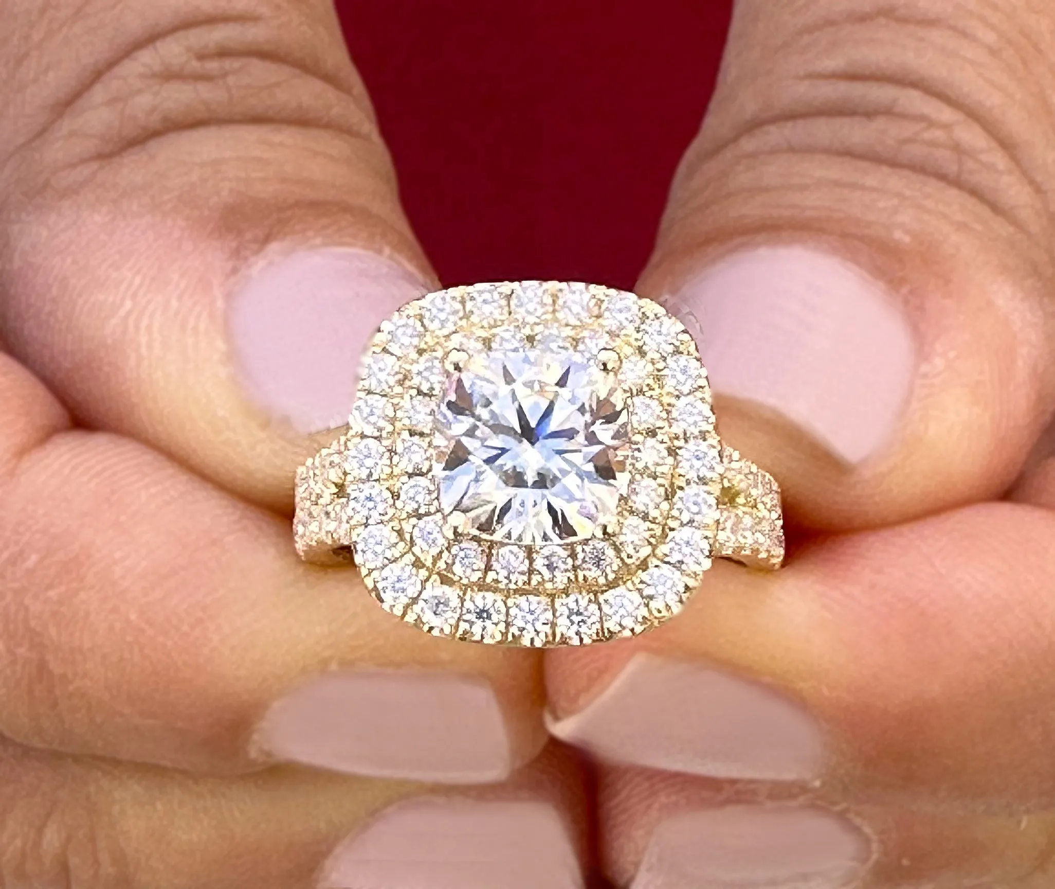Cushion Cut Moissanite And Round Cut Sides Engagement Ring Double Halo Women's 14K Solid Yellow Gold Split Shank Wedding Bridal Ring 3.00ctw