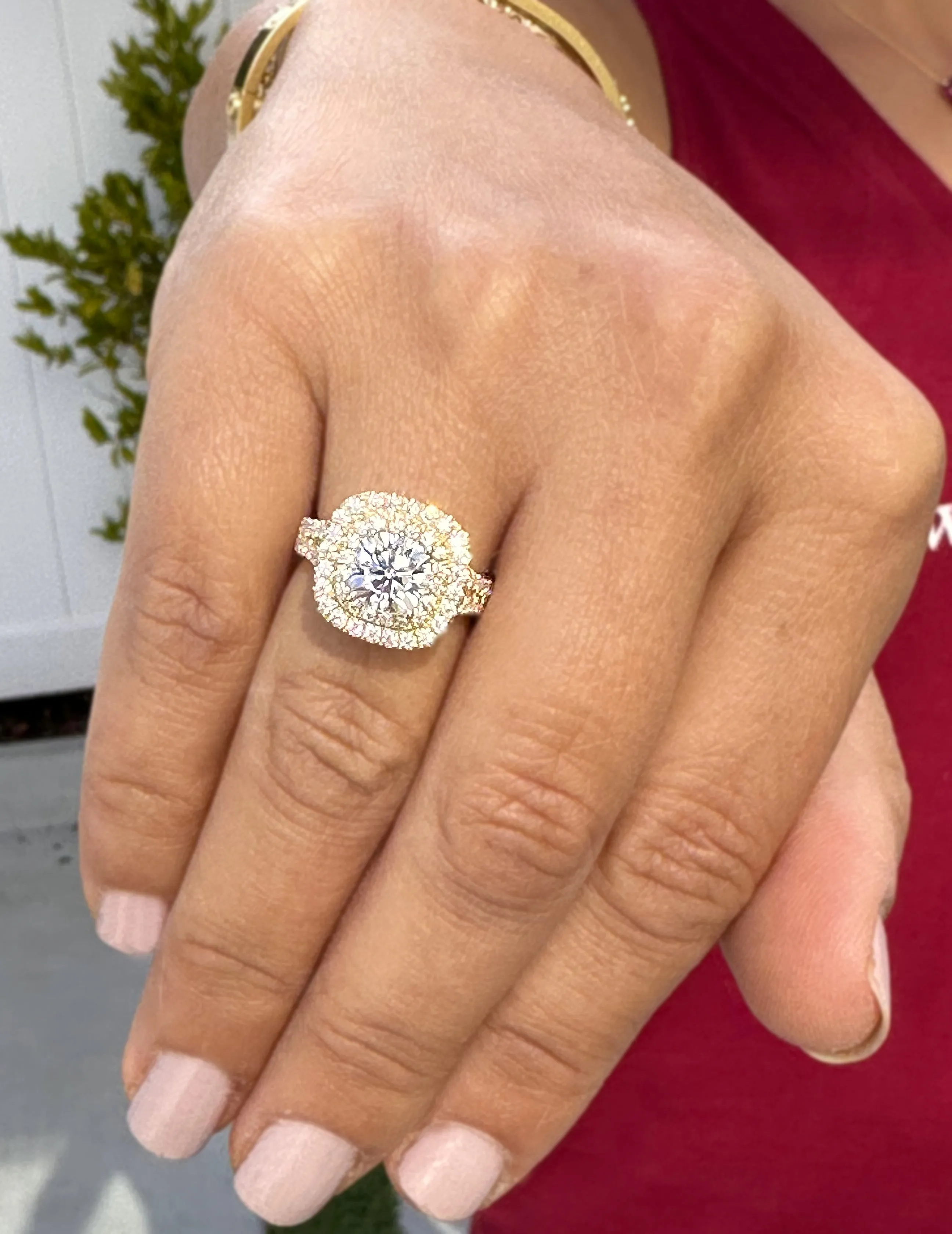 Cushion Cut Moissanite And Round Cut Sides Engagement Ring Double Halo Women's 14K Solid Yellow Gold Split Shank Wedding Bridal Ring 3.00ctw