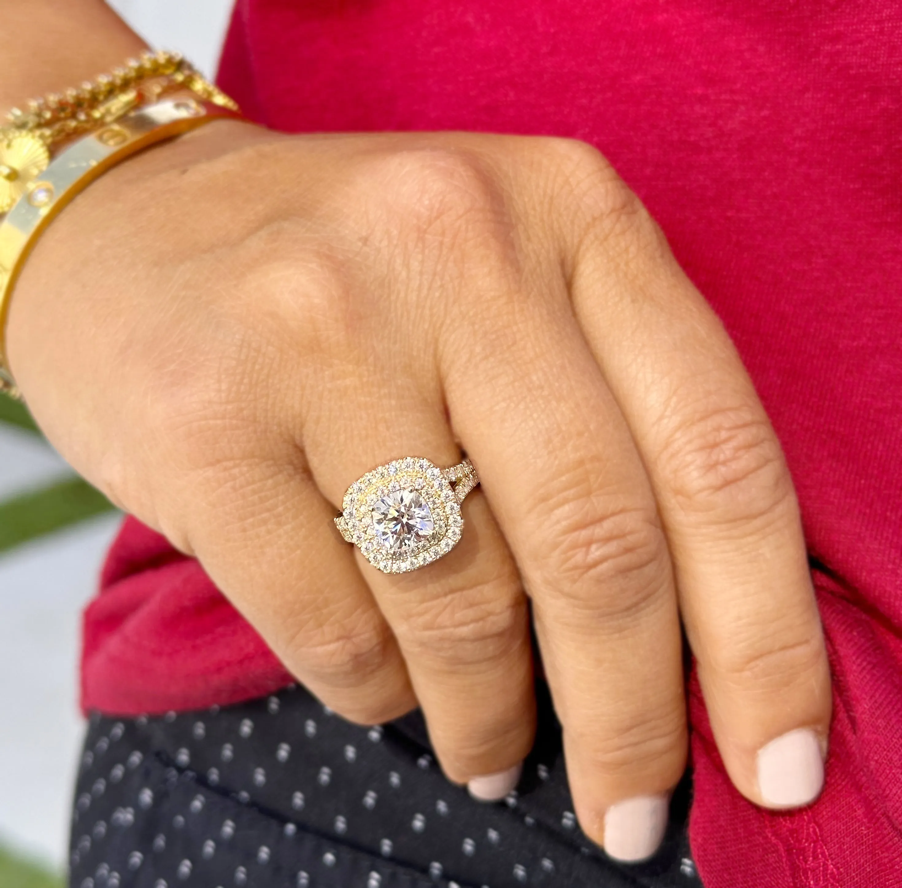 Cushion Cut Moissanite And Round Cut Sides Engagement Ring Double Halo Women's 14K Solid Yellow Gold Split Shank Wedding Bridal Ring 3.00ctw