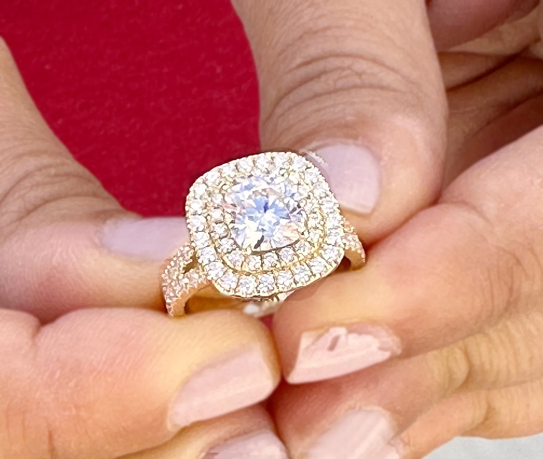 Cushion Cut Moissanite And Round Cut Sides Engagement Ring Double Halo Women's 14K Solid Yellow Gold Split Shank Wedding Bridal Ring 3.00ctw