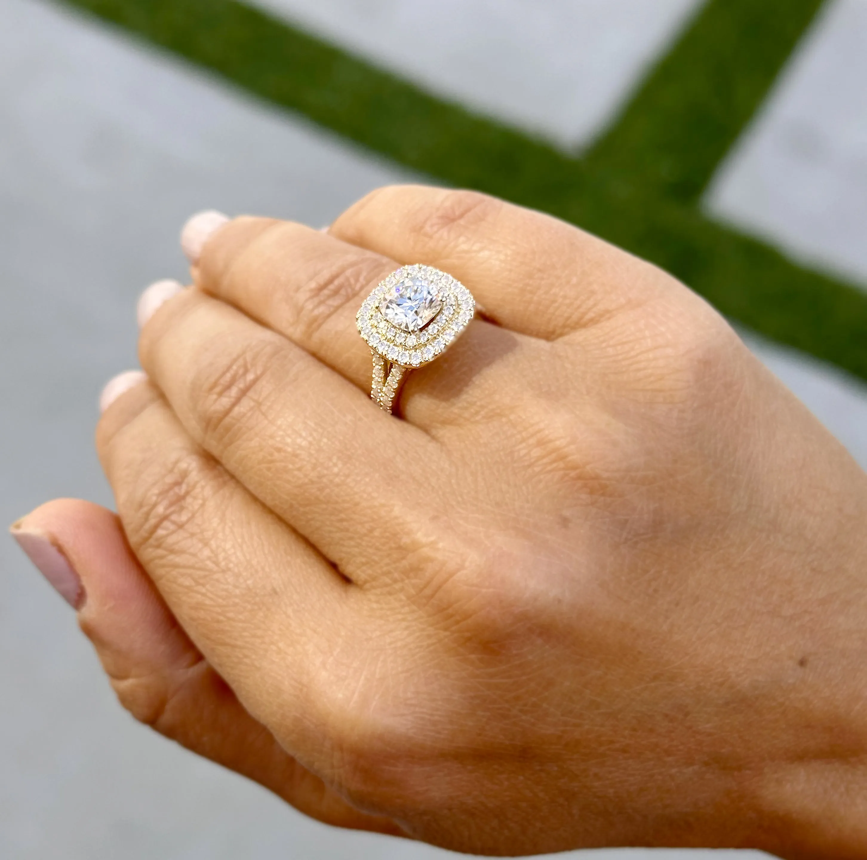Cushion Cut Moissanite And Round Cut Sides Engagement Ring Double Halo Women's 14K Solid Yellow Gold Split Shank Wedding Bridal Ring 3.00ctw