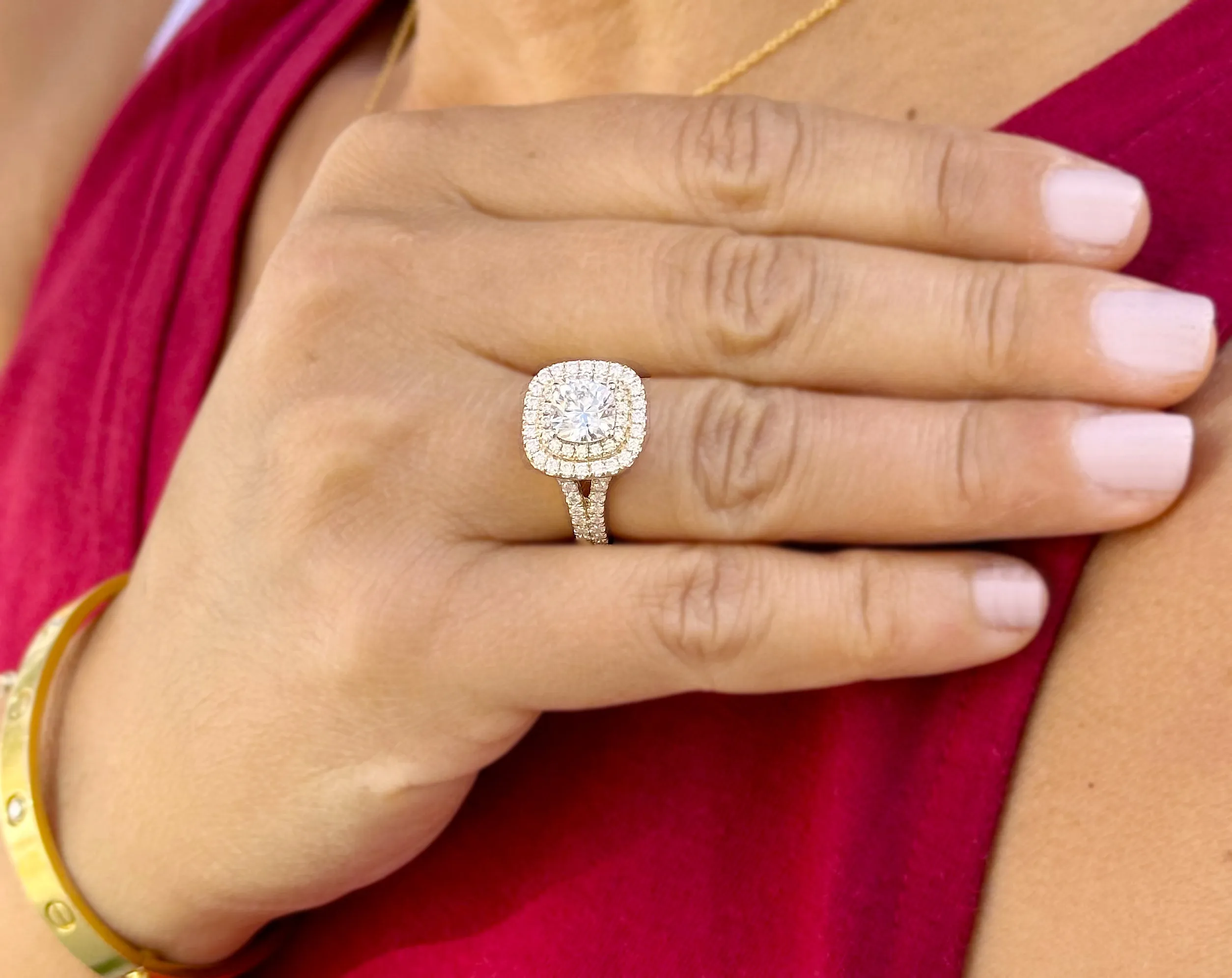 Cushion Cut Moissanite And Round Cut Sides Engagement Ring Double Halo Women's 14K Solid Yellow Gold Split Shank Wedding Bridal Ring 3.00ctw