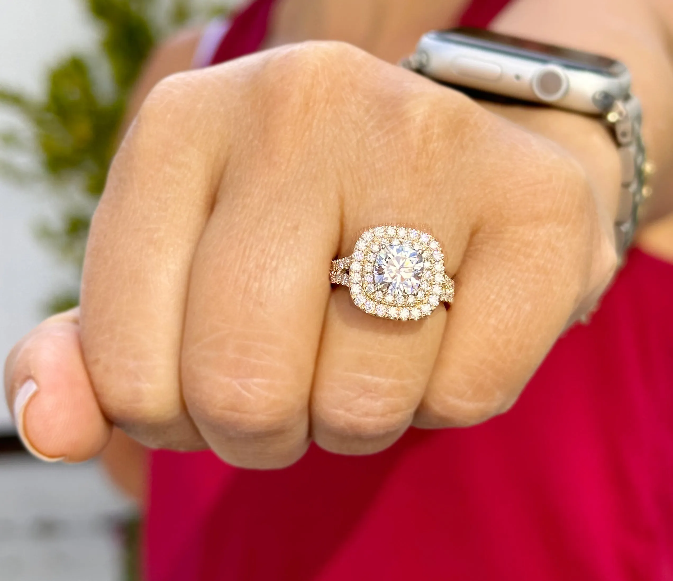 Cushion Cut Moissanite And Round Cut Sides Engagement Ring Double Halo Women's 14K Solid Yellow Gold Split Shank Wedding Bridal Ring 3.00ctw