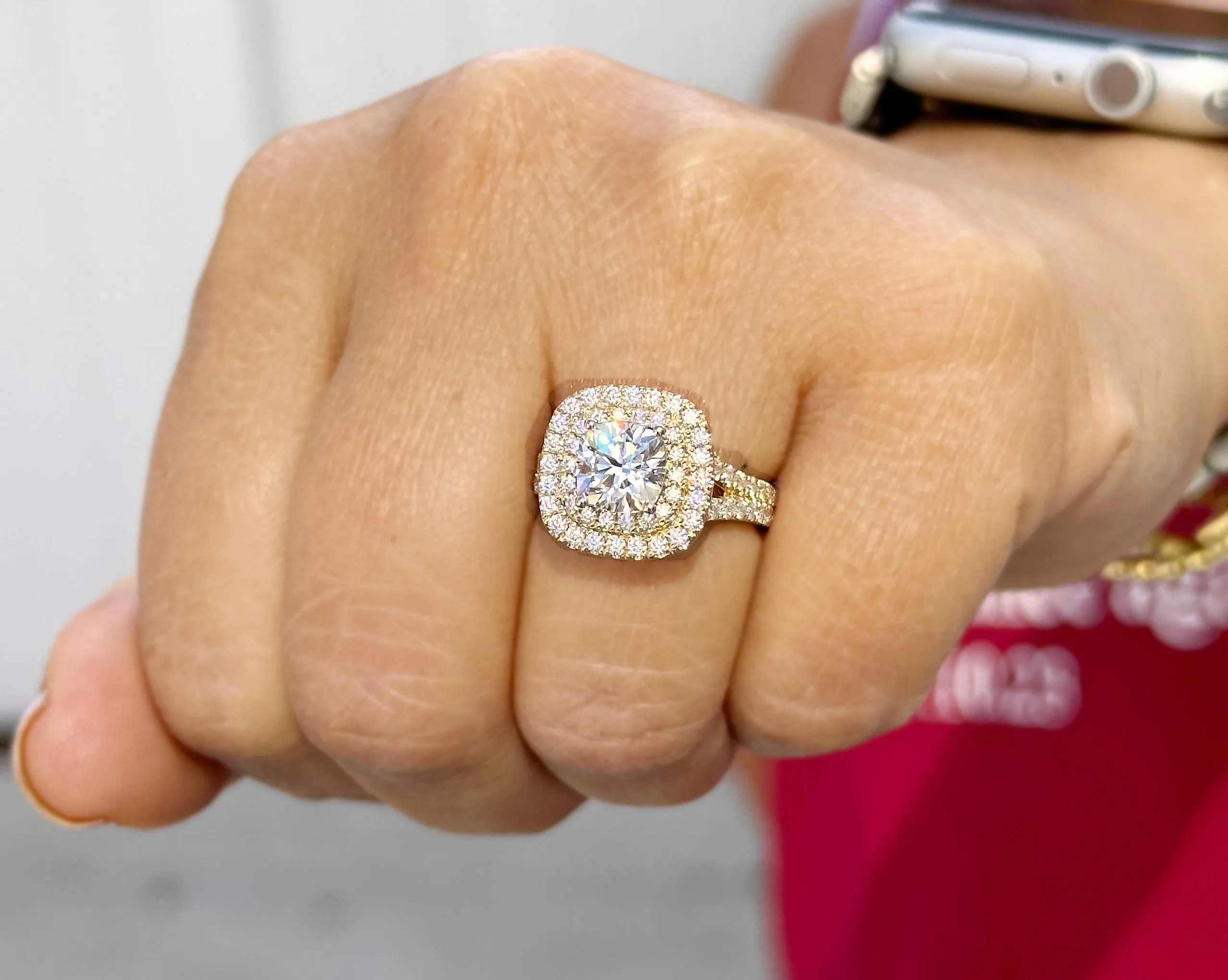 Cushion Cut Moissanite And Round Cut Sides Engagement Ring Double Halo Women's 14K Solid Yellow Gold Split Shank Wedding Bridal Ring 3.00ctw