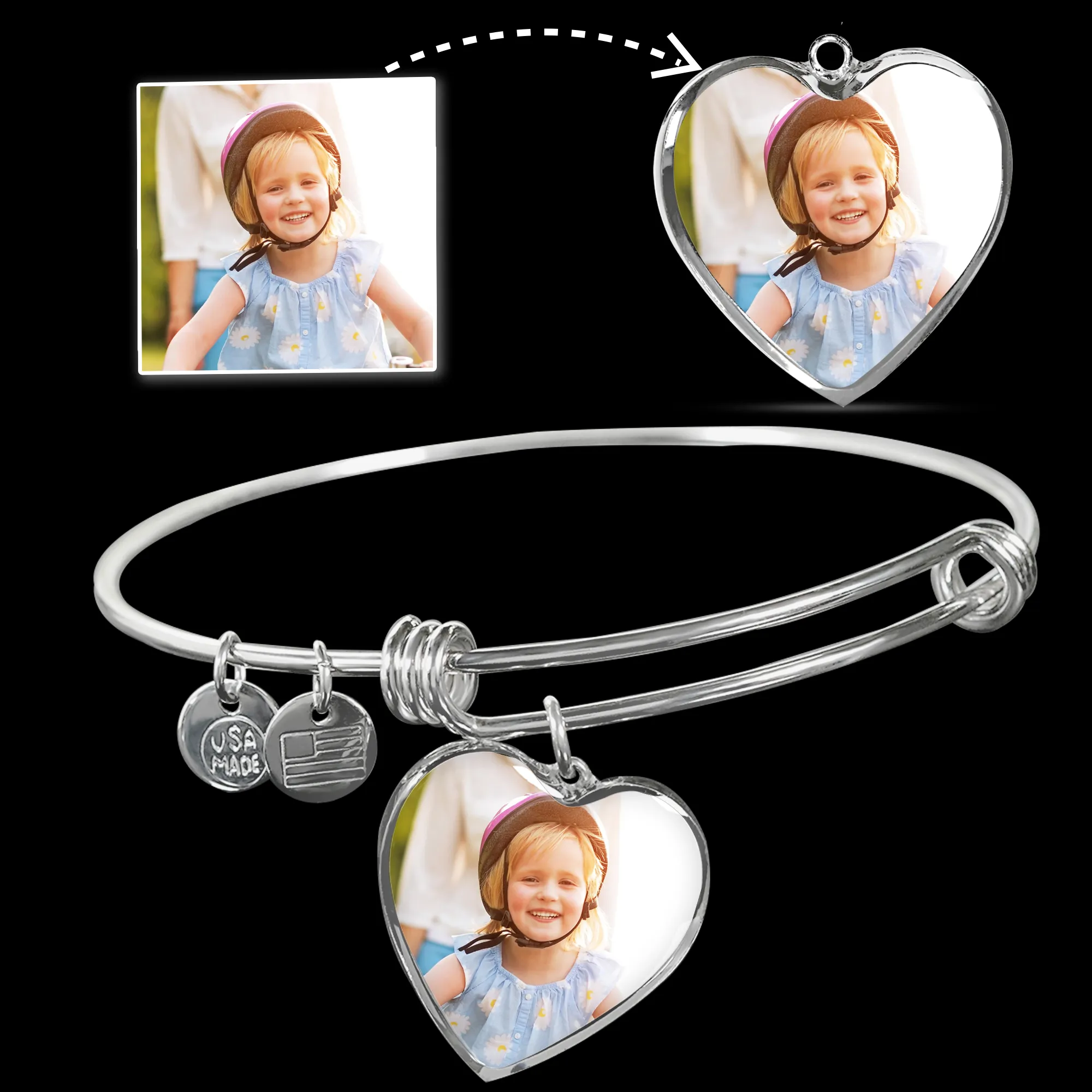 Custom Photo Heart Pendant Bangle Bracelet