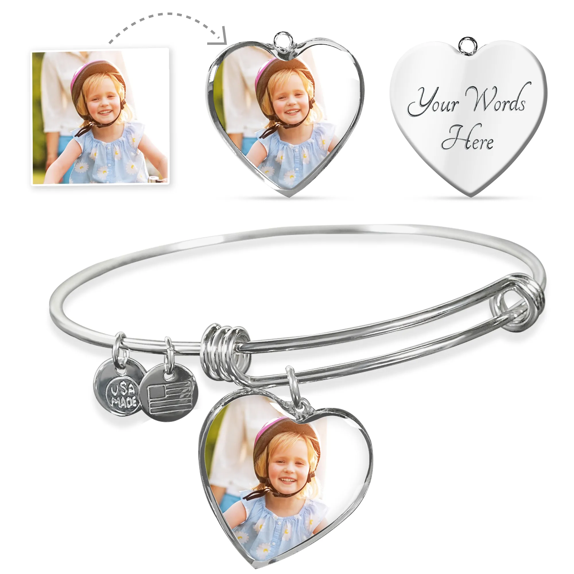 Custom Photo Heart Pendant Bangle Bracelet