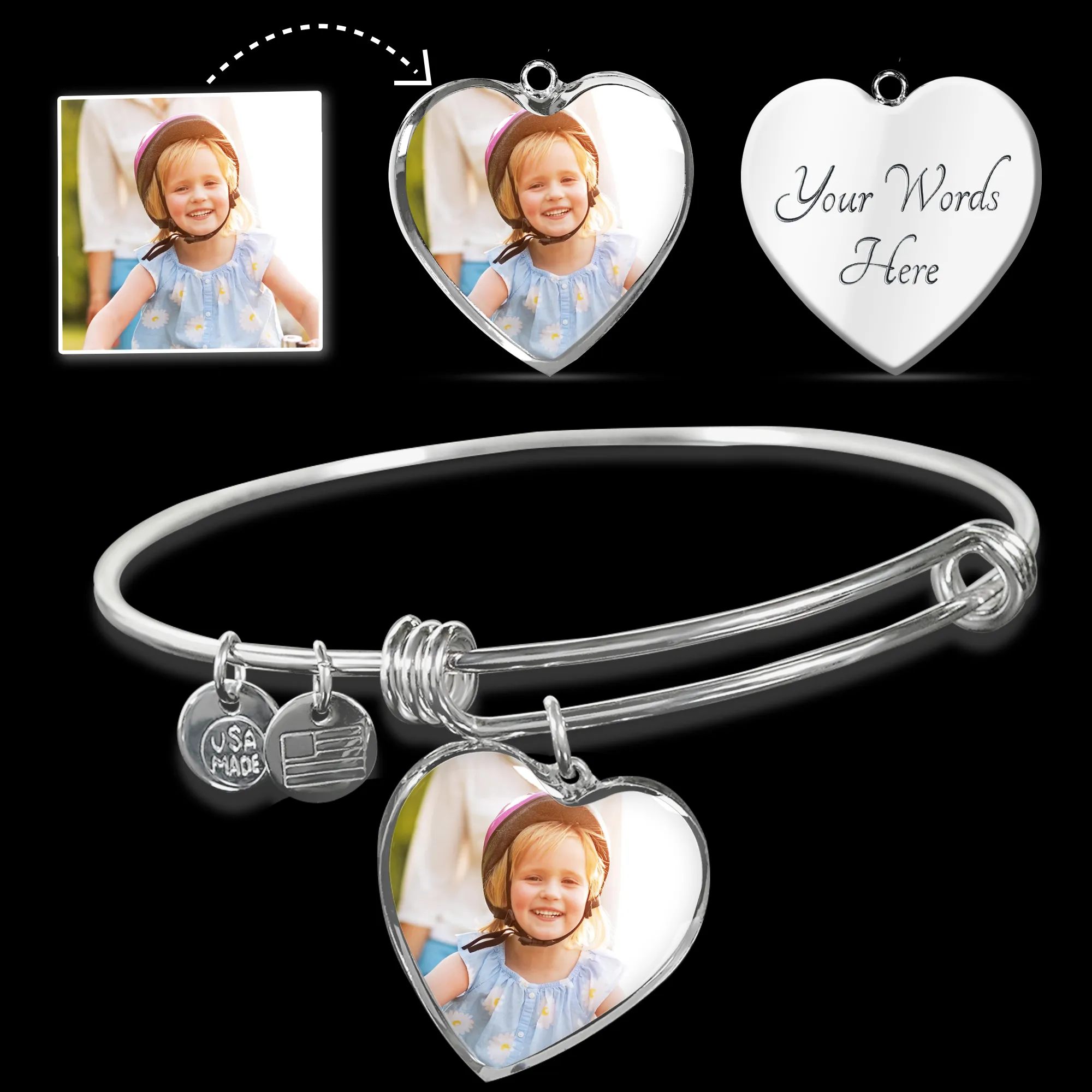 Custom Photo Heart Pendant Bangle Bracelet