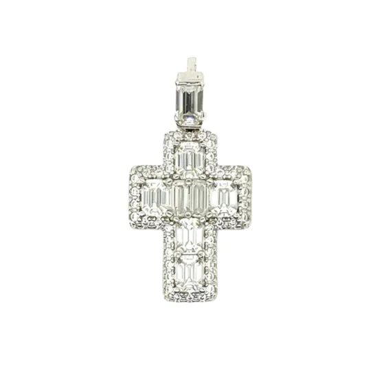 Dainty Baguette Lab-Created Moissanite Sterling Silver Cross Charm Pendant - M417219