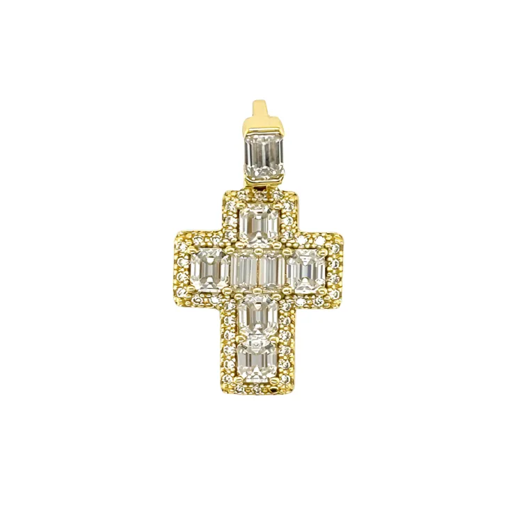 Dainty Baguette Lab-Created Moissanite Sterling Silver Cross Charm Pendant - M417219