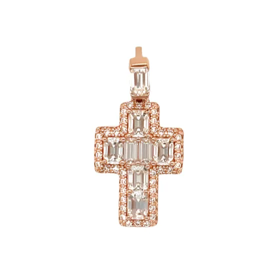 Dainty Baguette Lab-Created Moissanite Sterling Silver Cross Charm Pendant - M417219