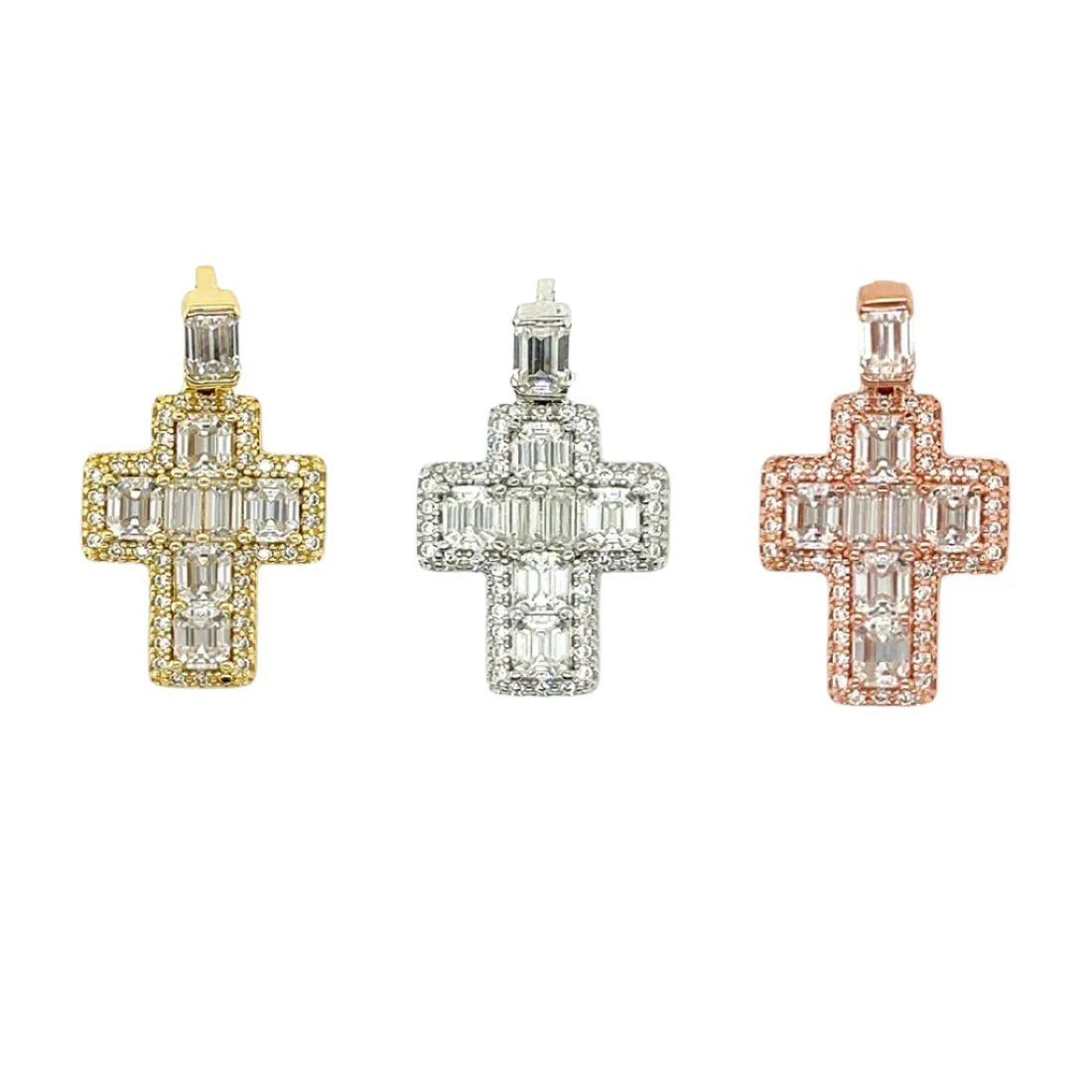 Dainty Baguette Lab-Created Moissanite Sterling Silver Cross Charm Pendant - M417219