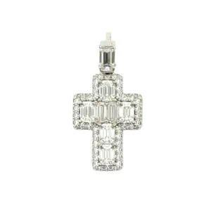 Dainty Baguette Lab-Created Moissanite Sterling Silver Cross Charm Pendant - M417219