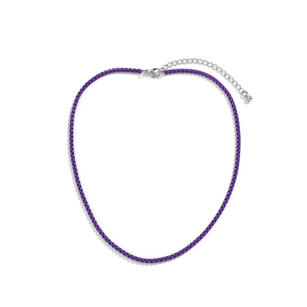 Dark Purple Enamel & Silver-Plated Box Chain Necklace