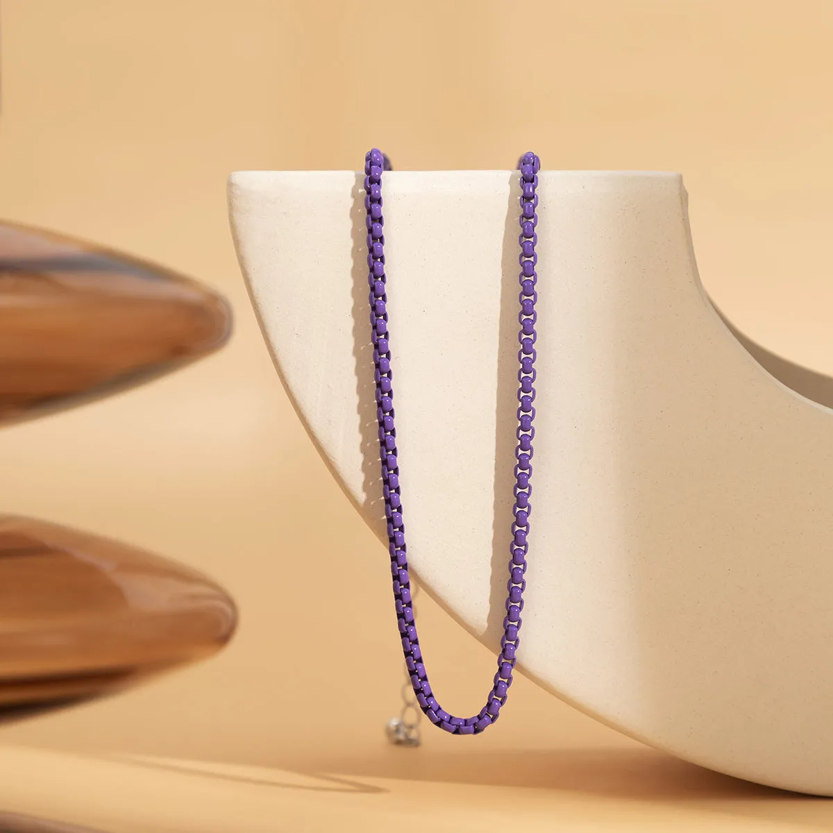 Dark Purple Enamel & Silver-Plated Box Chain Necklace