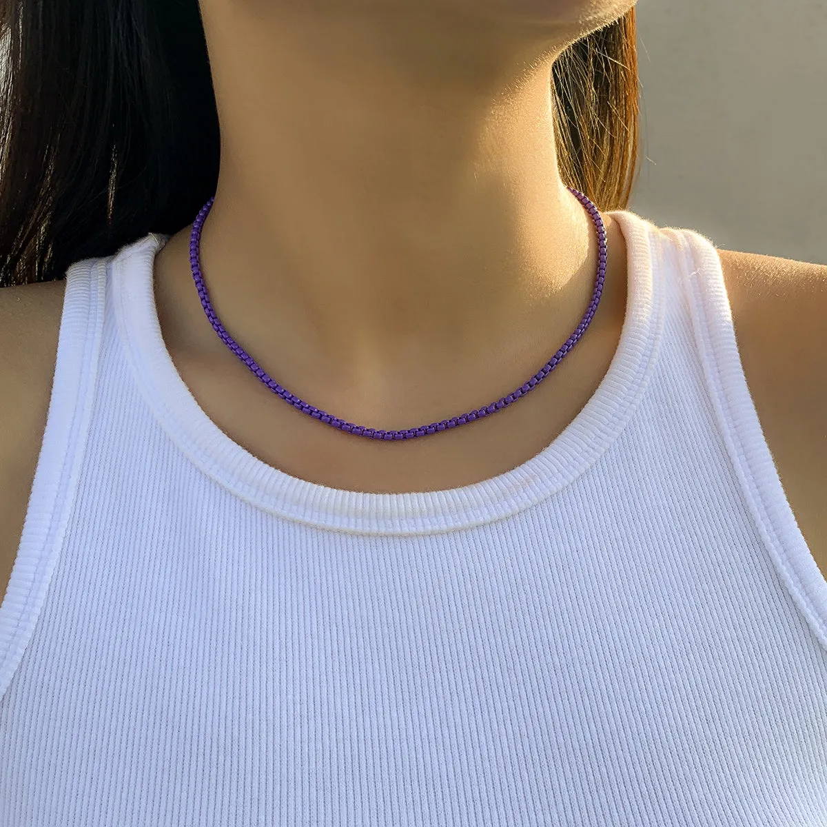 Dark Purple Enamel & Silver-Plated Box Chain Necklace