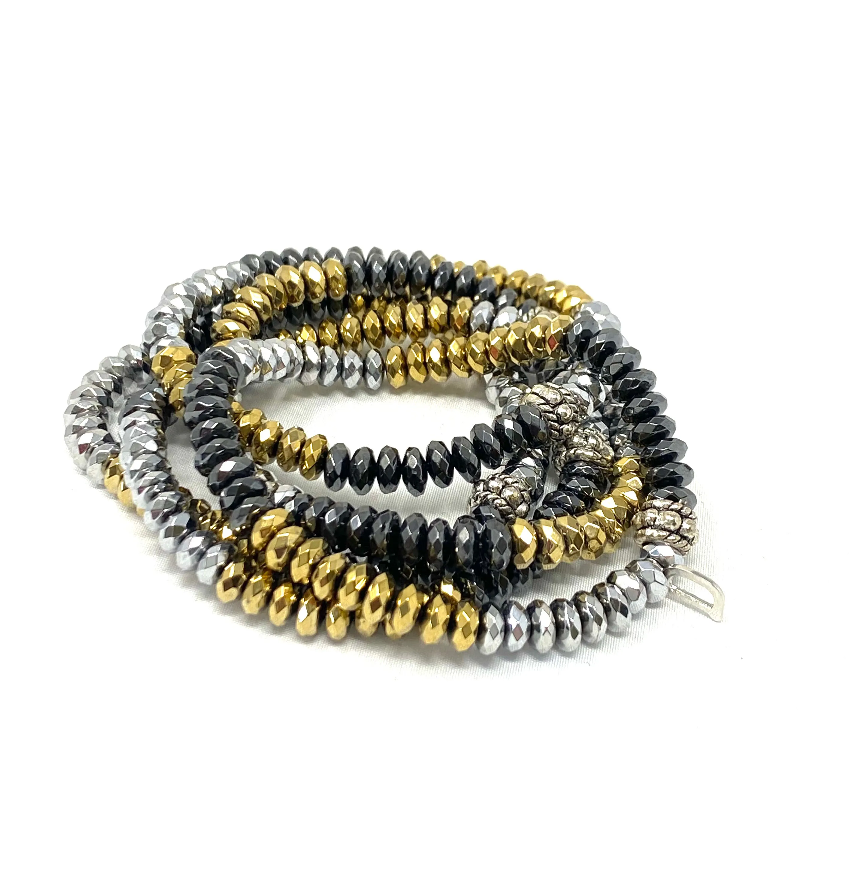 Dash Stack Bracelets -Silver, Gold and Gunmetal Hematite