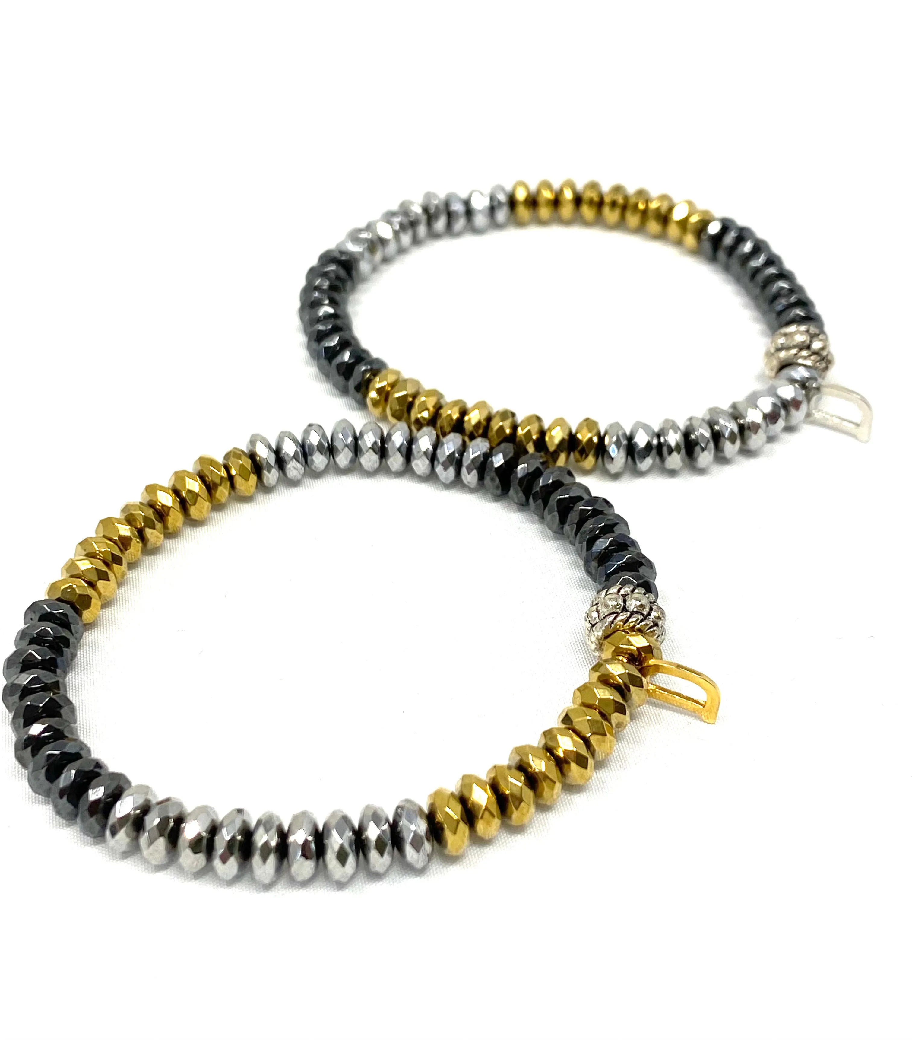 Dash Stack Bracelets -Silver, Gold and Gunmetal Hematite