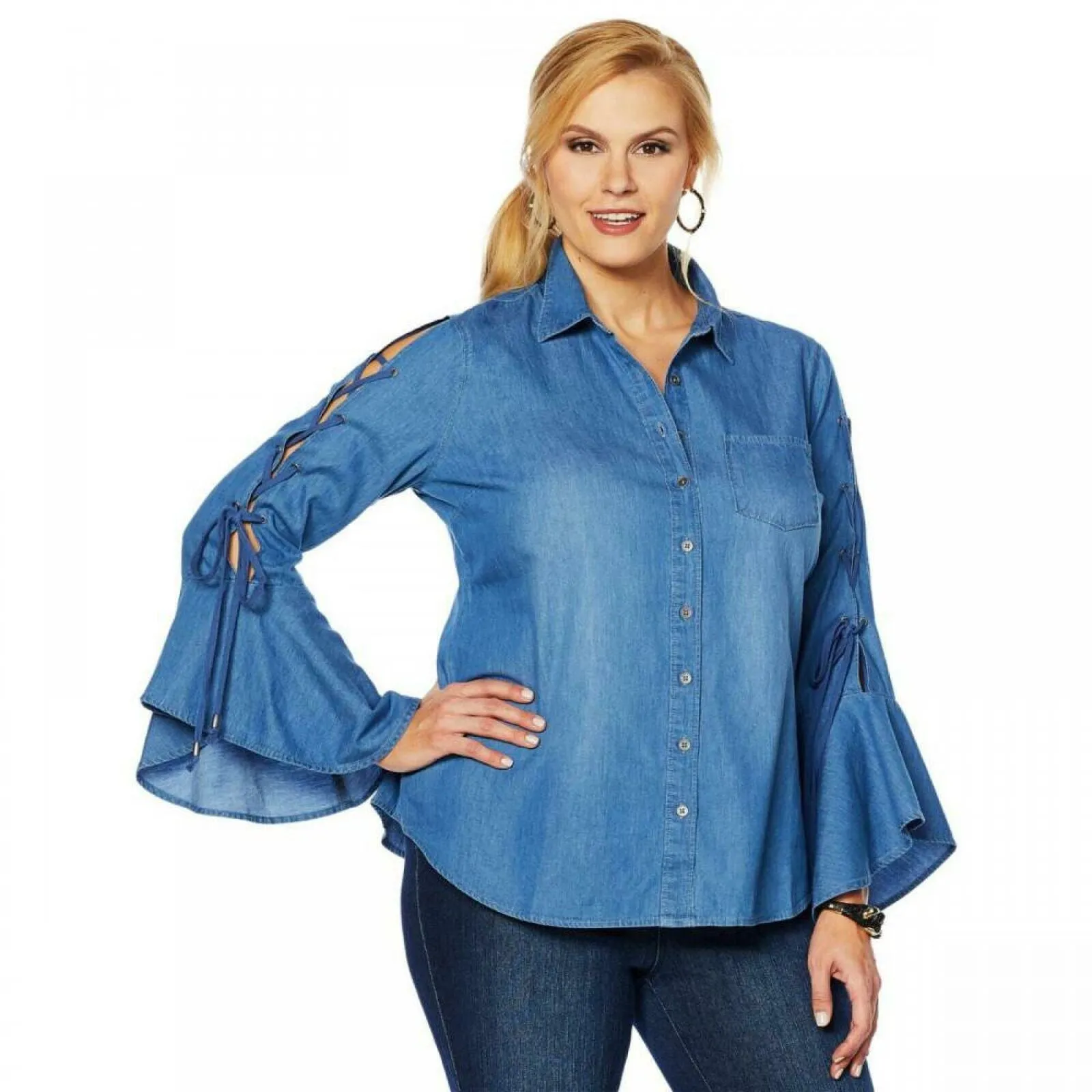 DG2 by Diane Gilman Women's Plus Size Denim Shirt With Lace Up Sleeves