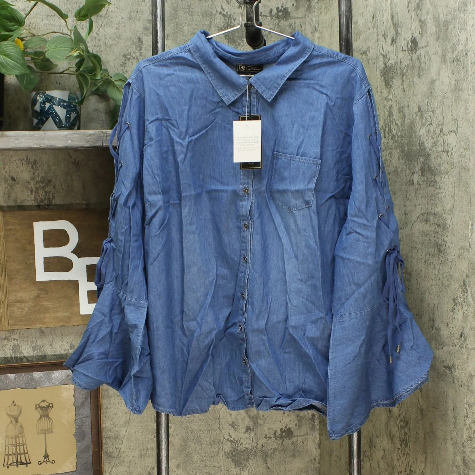 DG2 by Diane Gilman Women's Plus Size Denim Shirt With Lace Up Sleeves