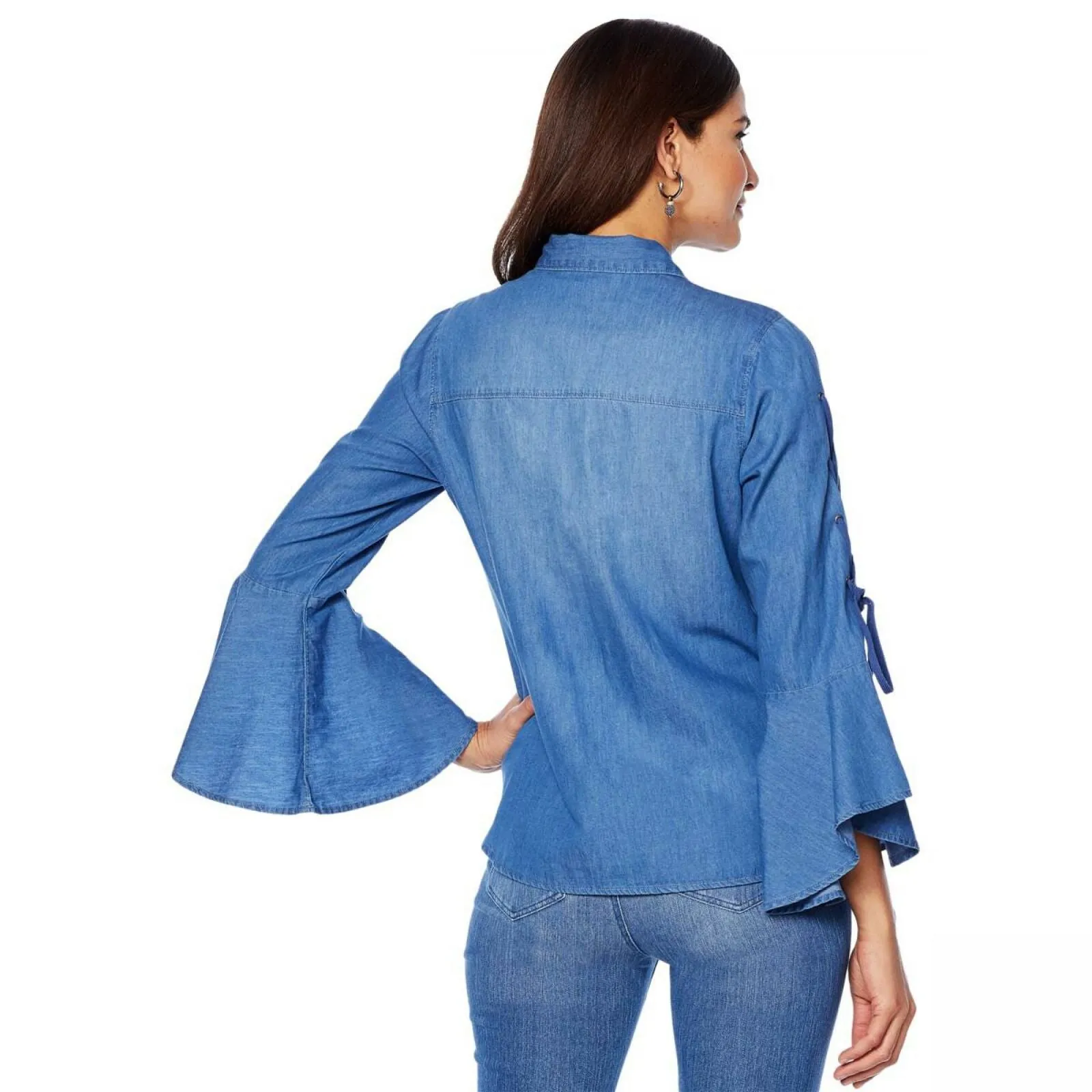 DG2 by Diane Gilman Women's Plus Size Denim Shirt With Lace Up Sleeves