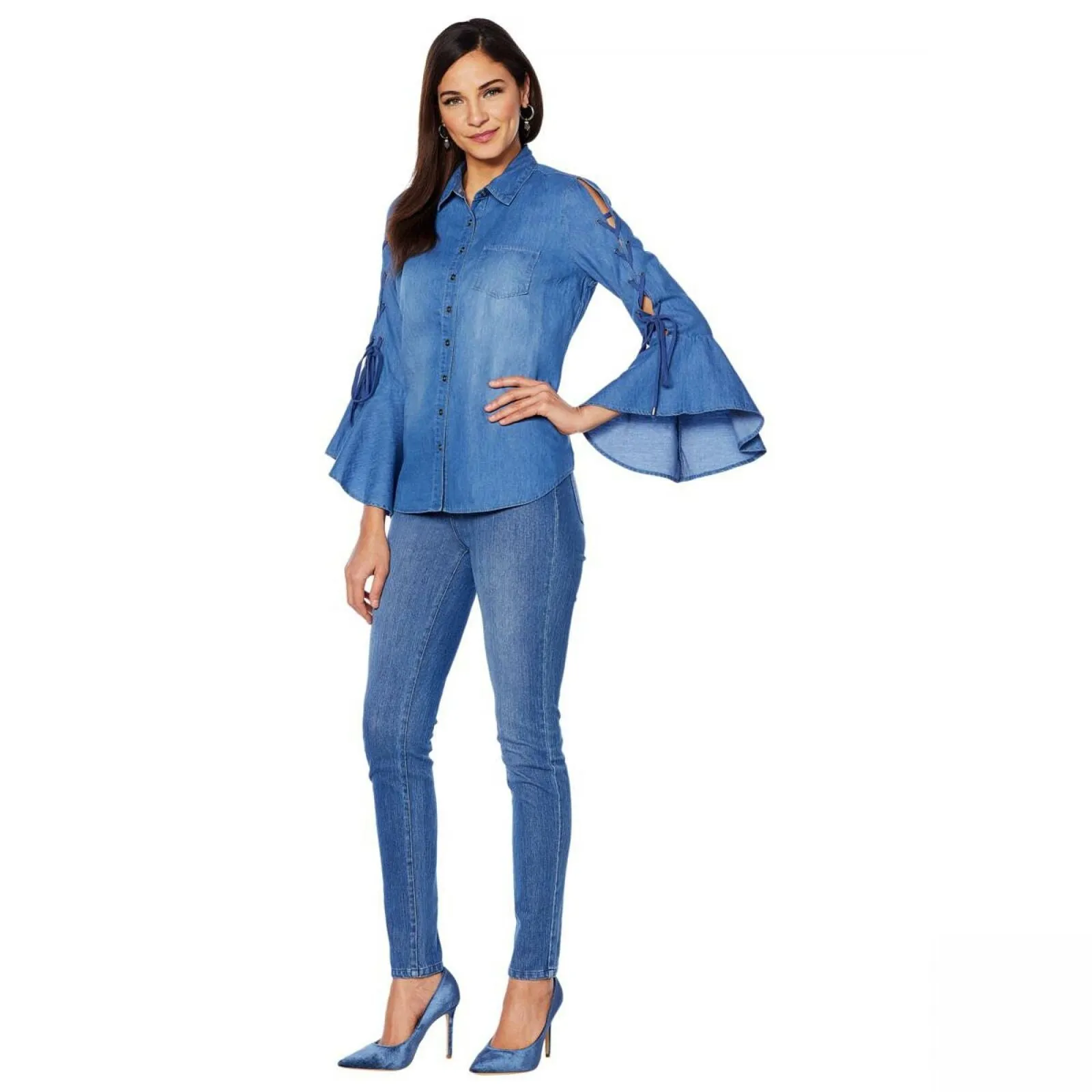 DG2 by Diane Gilman Women's Plus Size Denim Shirt With Lace Up Sleeves
