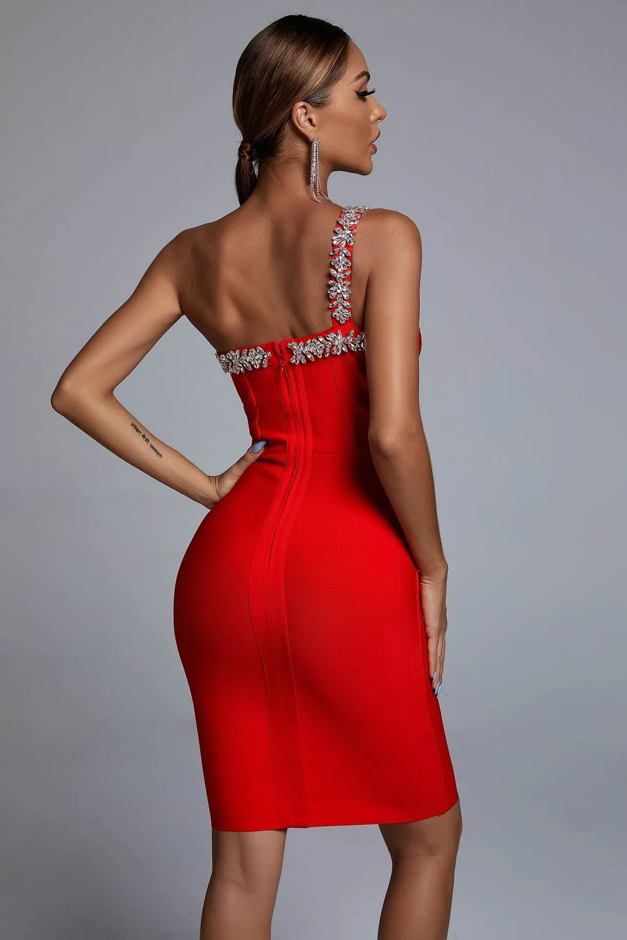 Diamond Sleeveless Bodycon Backless One Shoulder Dress