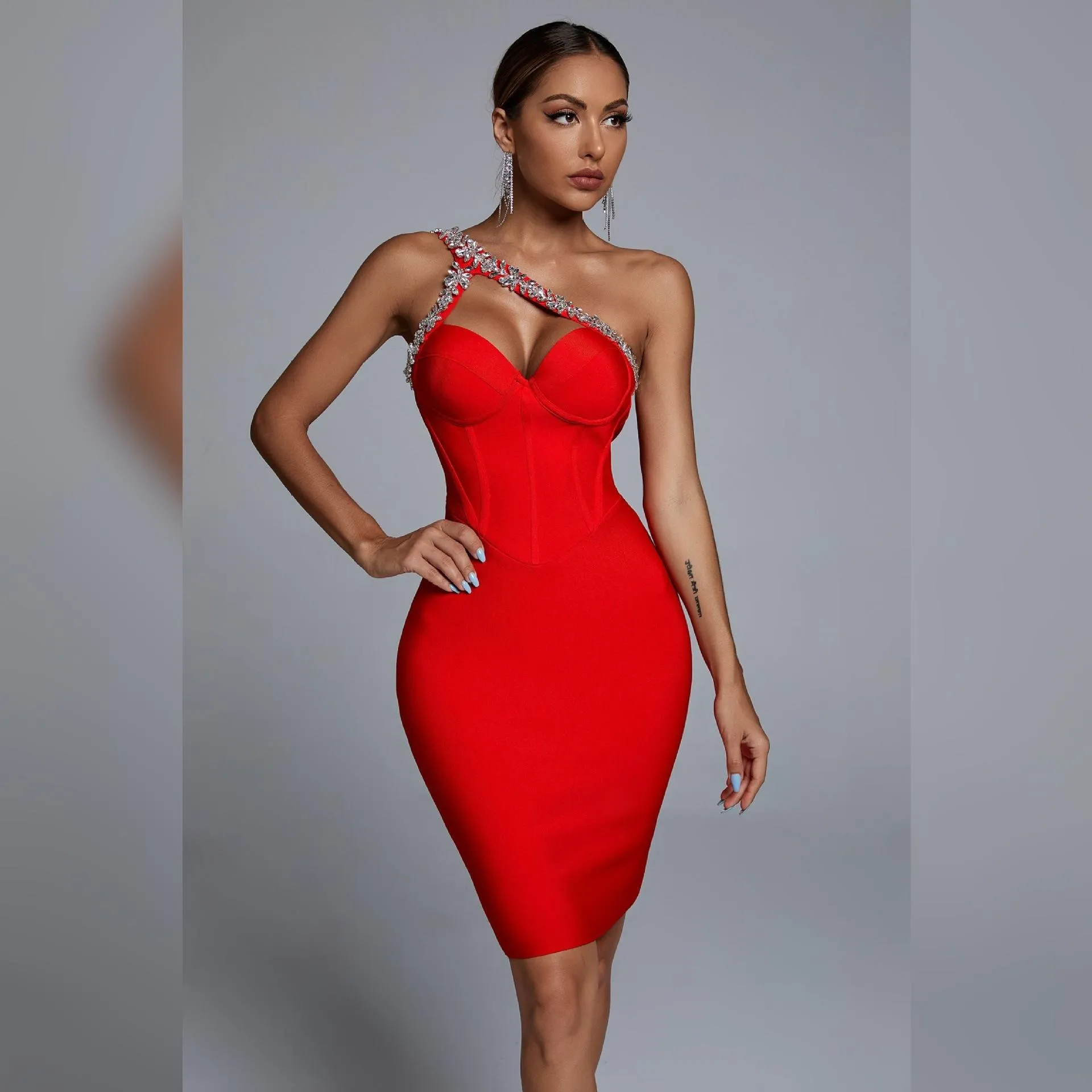 Diamond Sleeveless Bodycon Backless One Shoulder Dress