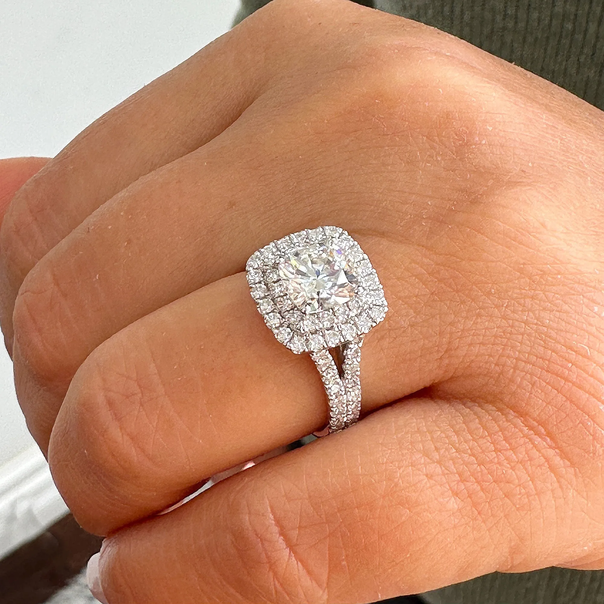 Double Halo Women's 14k solid white gold cushion cut forever one moissanite and natural diamond engagement ring Bridal Wedding Halo 2.80ct