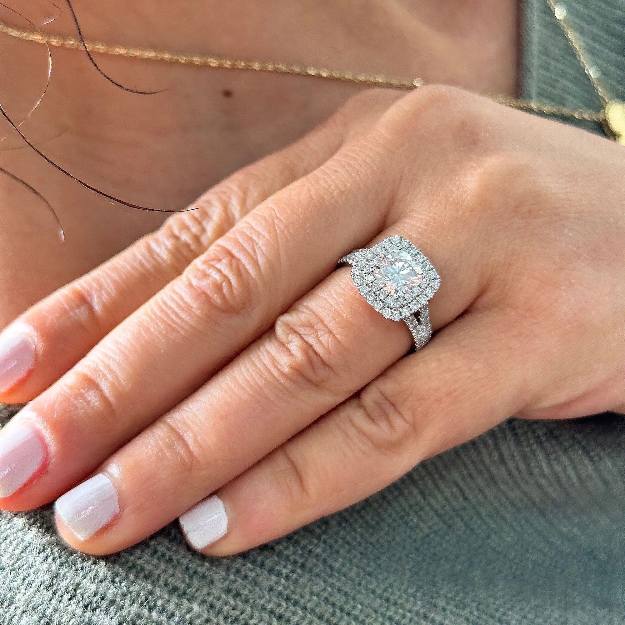 Double Halo Women's 14k solid white gold cushion cut forever one moissanite and natural diamond engagement ring Bridal Wedding Halo 2.80ct