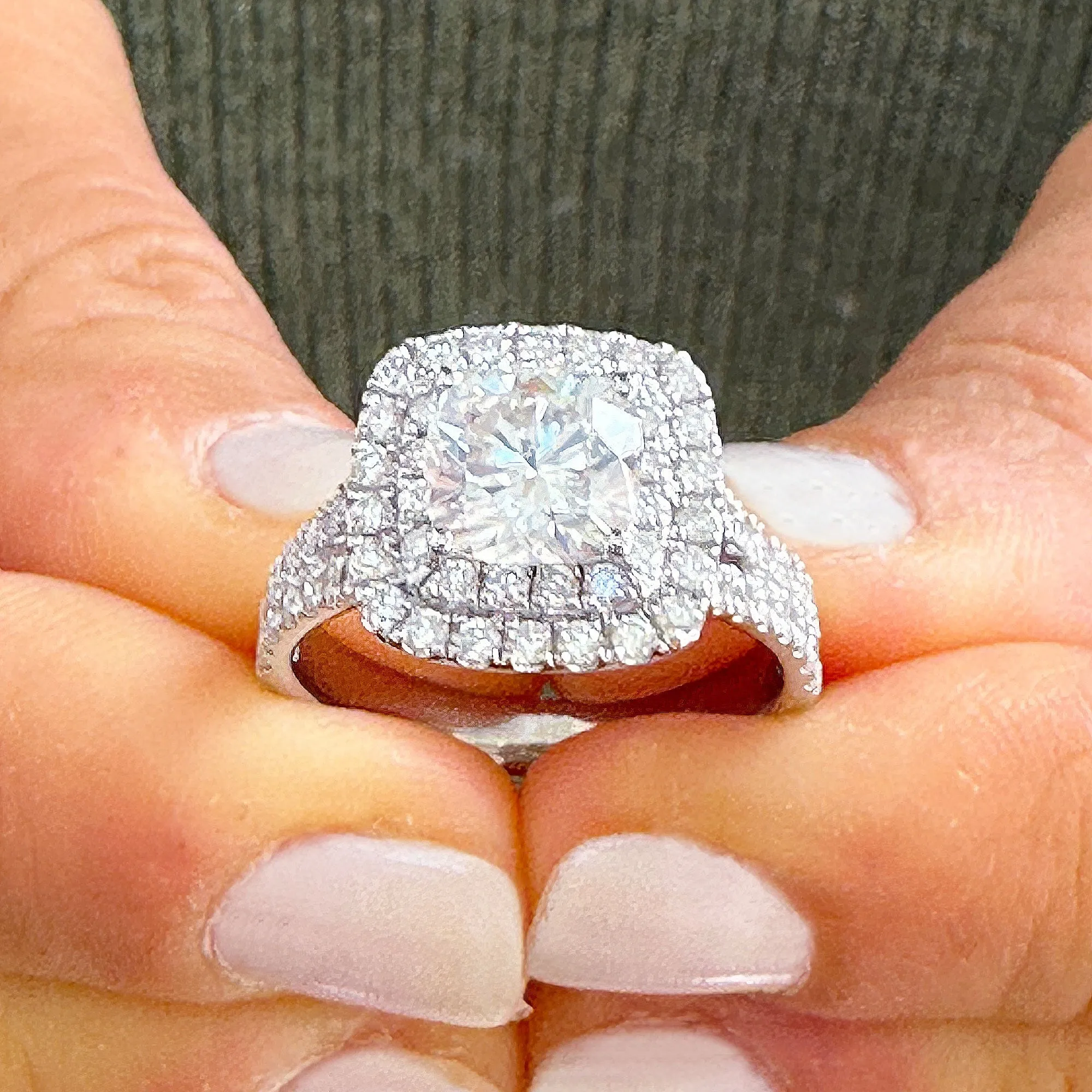 Double Halo Women's 14k solid white gold cushion cut forever one moissanite and natural diamond engagement ring Bridal Wedding Halo 2.80ct