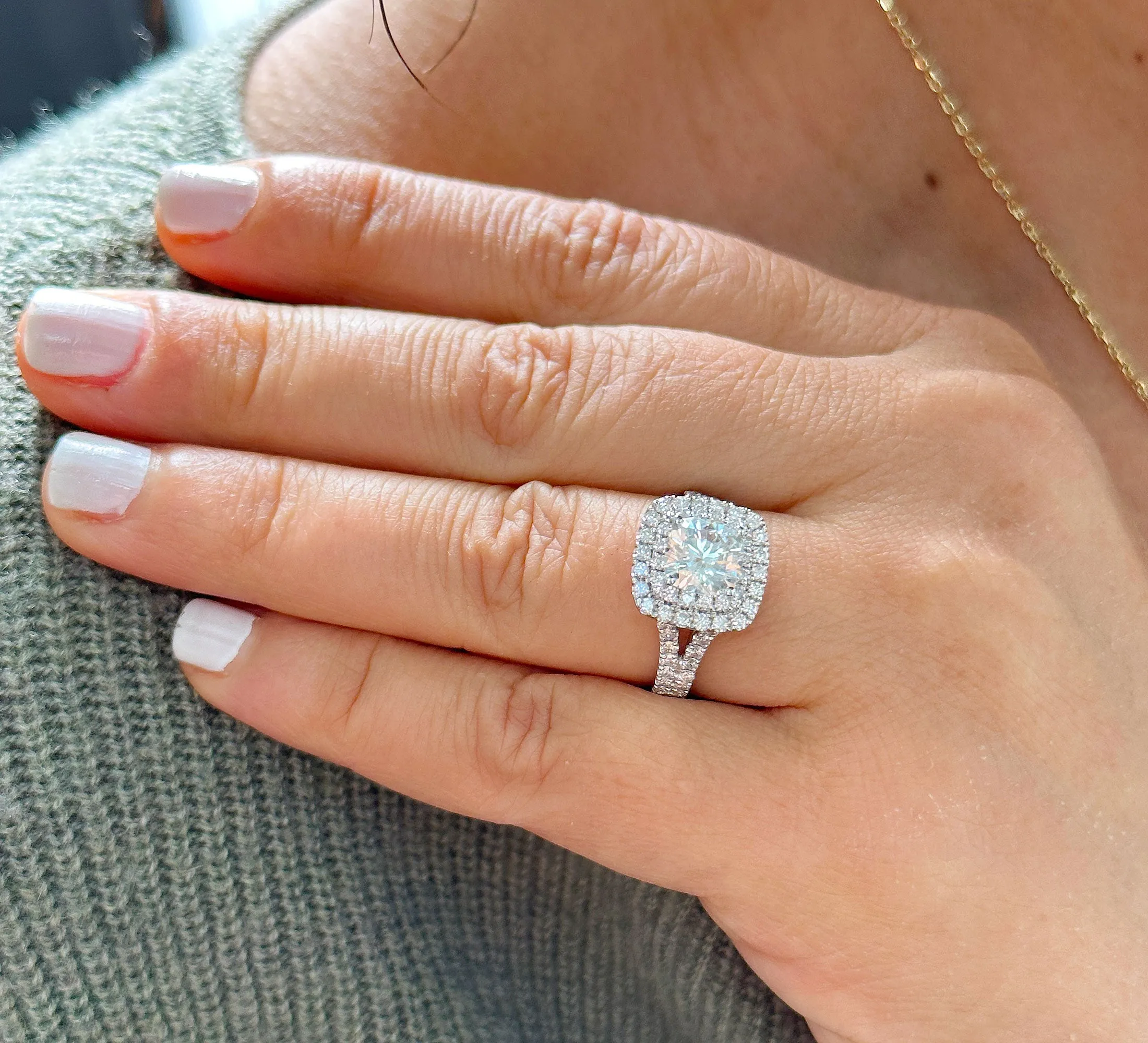 Double Halo Women's 14k solid white gold cushion cut forever one moissanite and natural diamond engagement ring Bridal Wedding Halo 2.80ct