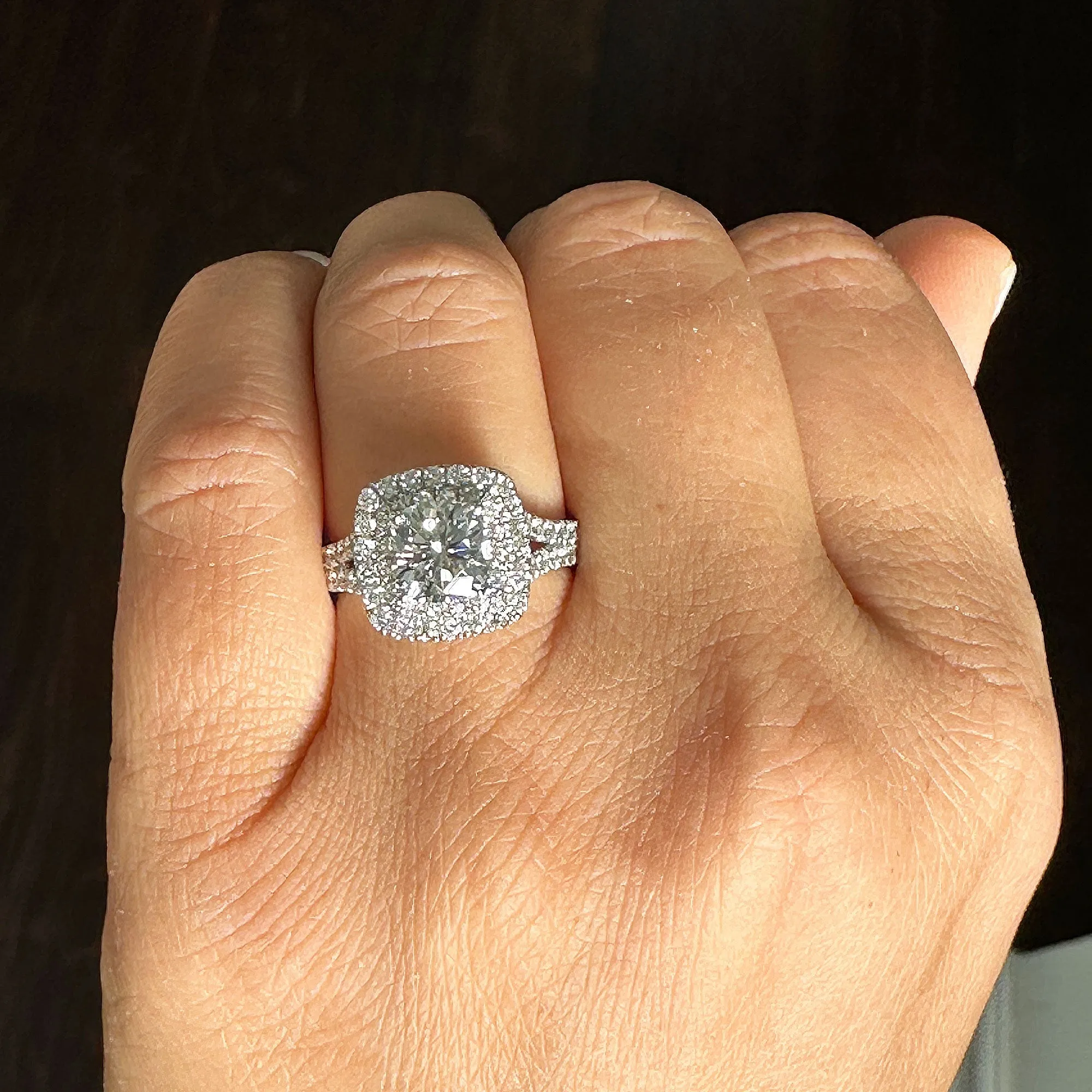 Double Halo Women's 14k solid white gold cushion cut forever one moissanite and natural diamond engagement ring Bridal Wedding Halo 2.80ct