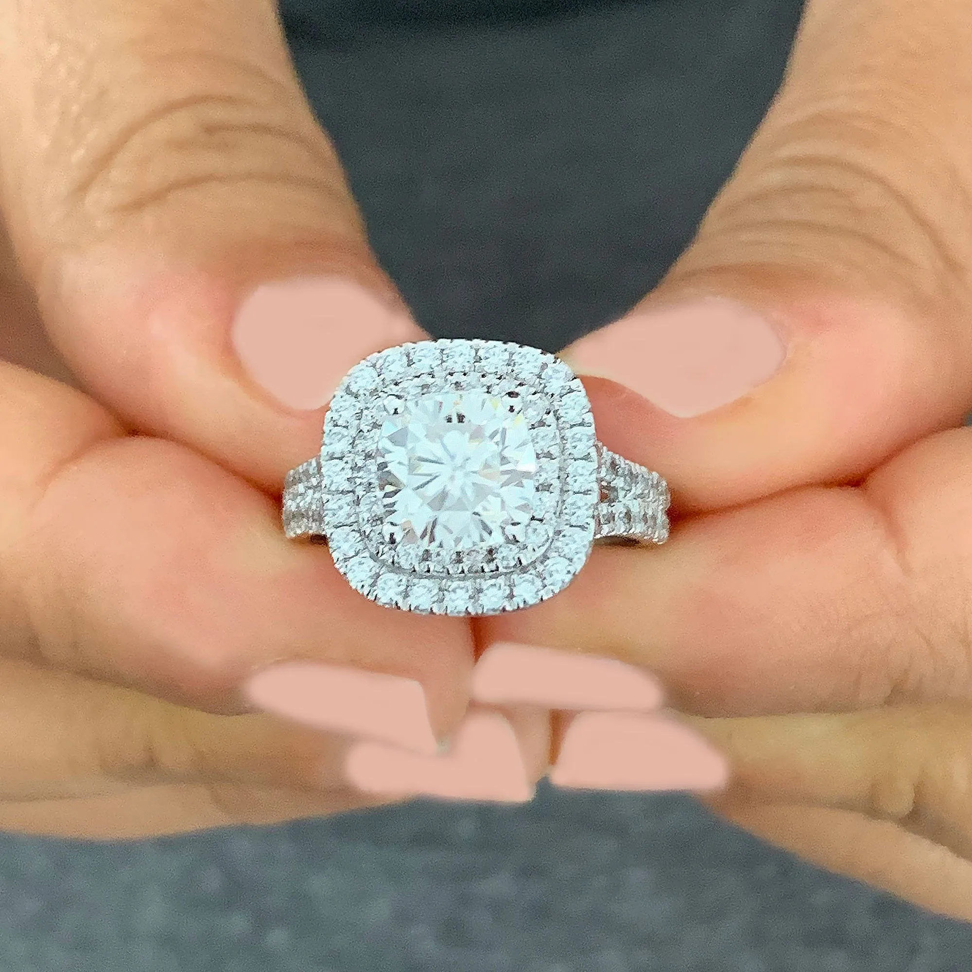 Double Halo Women's 14k solid white gold cushion cut moissanite and natural diamond engagement ring Bridal Wedding Halo 2.80ct
