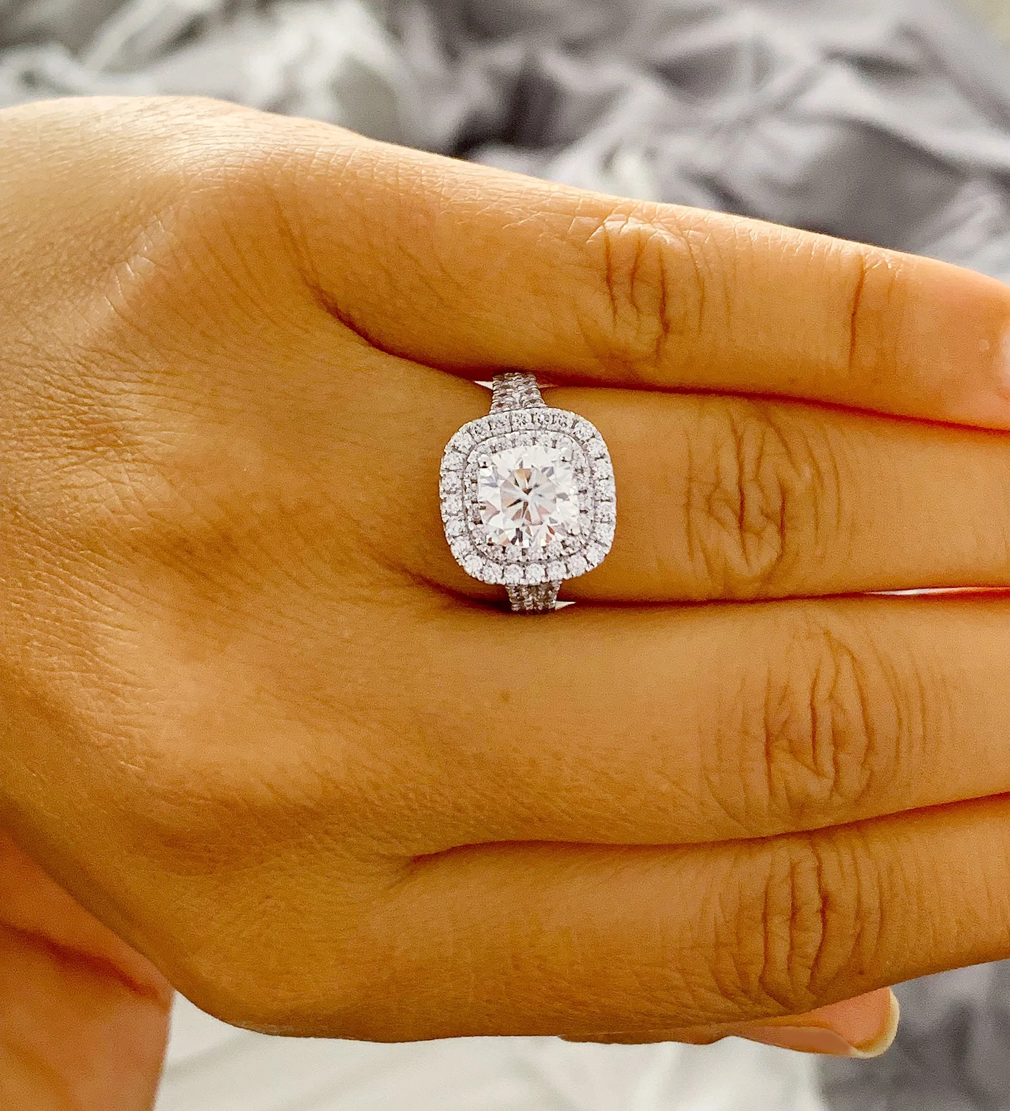 Double Halo Women's 14k solid white gold cushion cut moissanite and natural diamond engagement ring Bridal Wedding Halo 2.80ct
