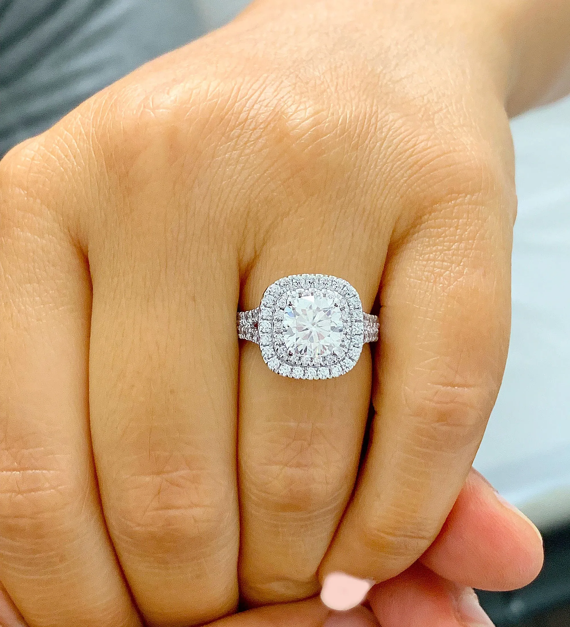 Double Halo Women's 14k solid white gold cushion cut moissanite and natural diamond engagement ring Bridal Wedding Halo 2.80ct