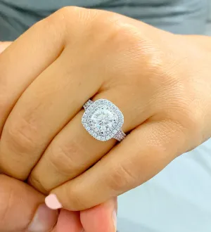 Double Halo Women's 14k solid white gold cushion cut moissanite and natural diamond engagement ring Bridal Wedding Halo 2.80ct