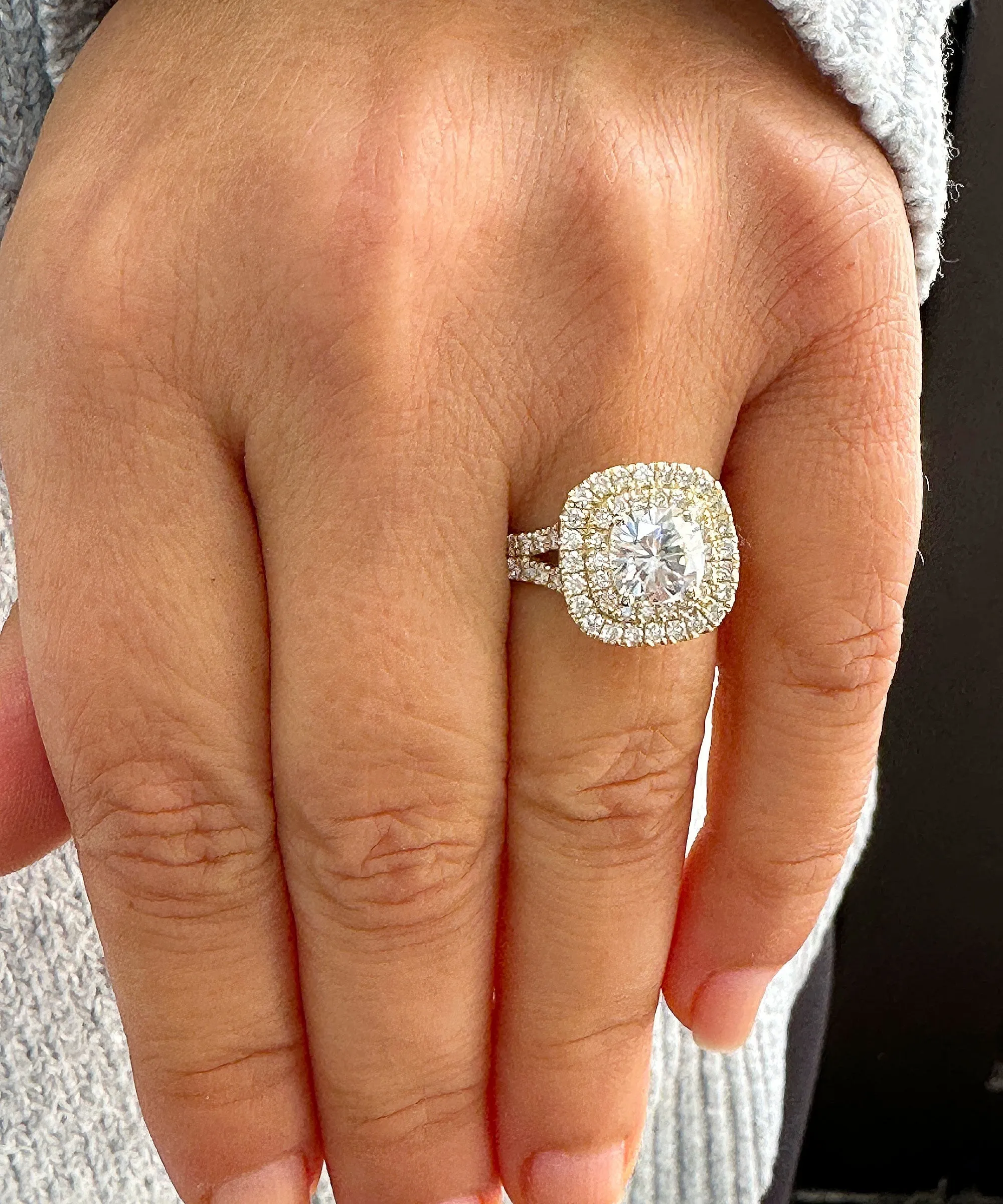 Double Halo Women's 14K Solid Yellow Gold Cushion Cut Forever One Moissanite And Natural Diamond Engagement Ring 2.80ctw