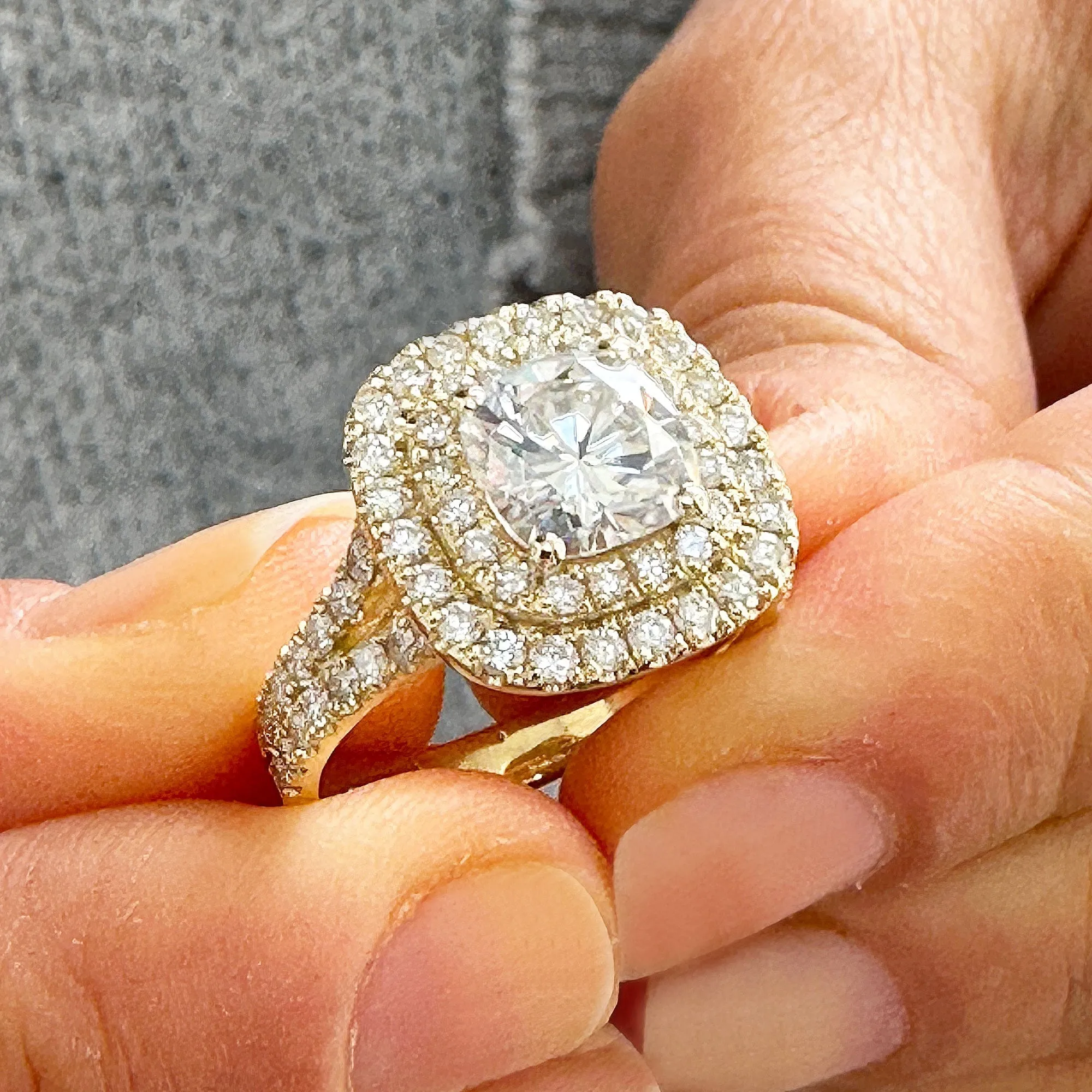 Double Halo Women's 14K Solid Yellow Gold Cushion Cut Forever One Moissanite And Natural Diamond Engagement Ring 2.80ctw