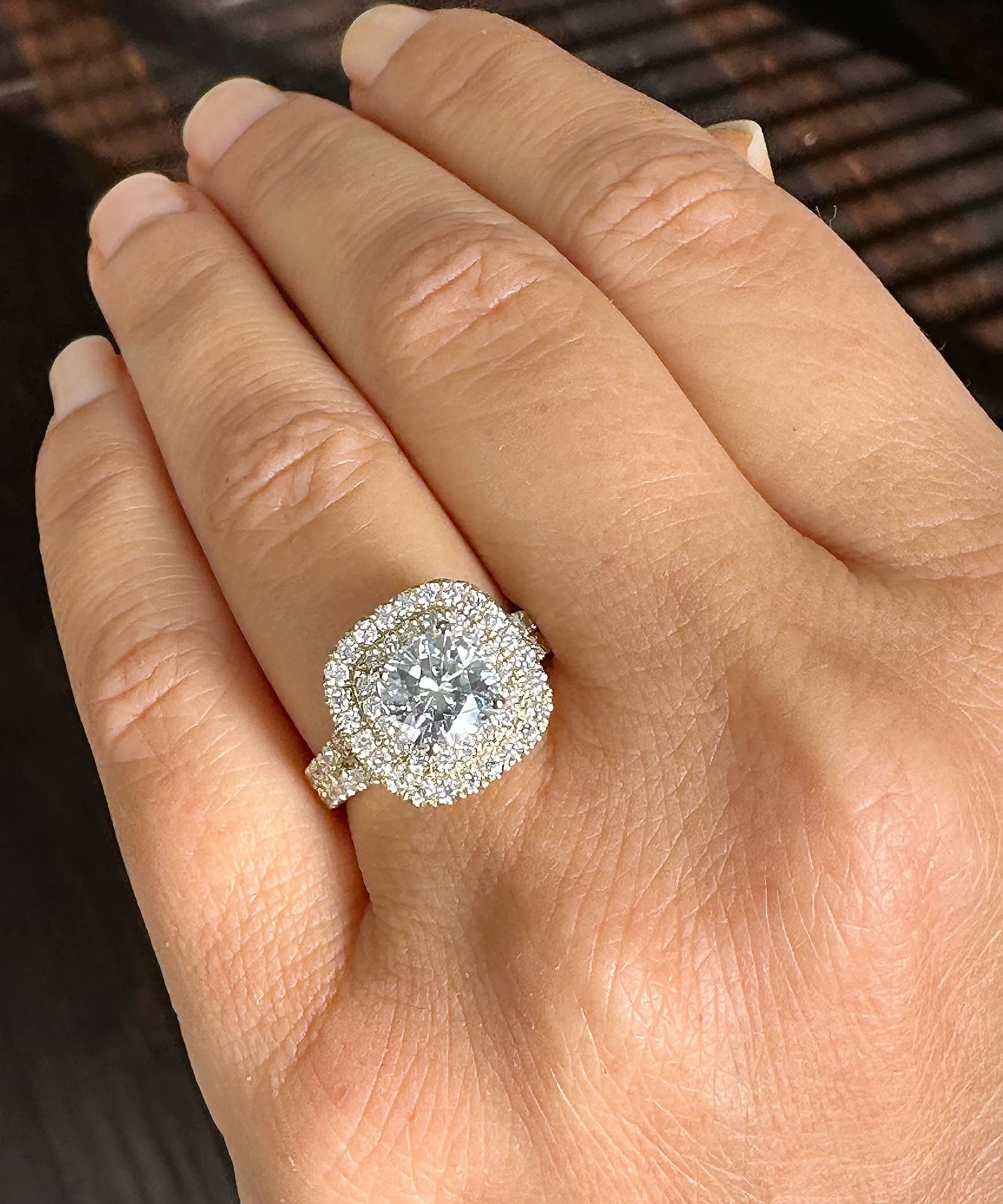 Double Halo Women's 14K Solid Yellow Gold Cushion Cut Forever One Moissanite And Natural Diamond Engagement Ring 2.80ctw