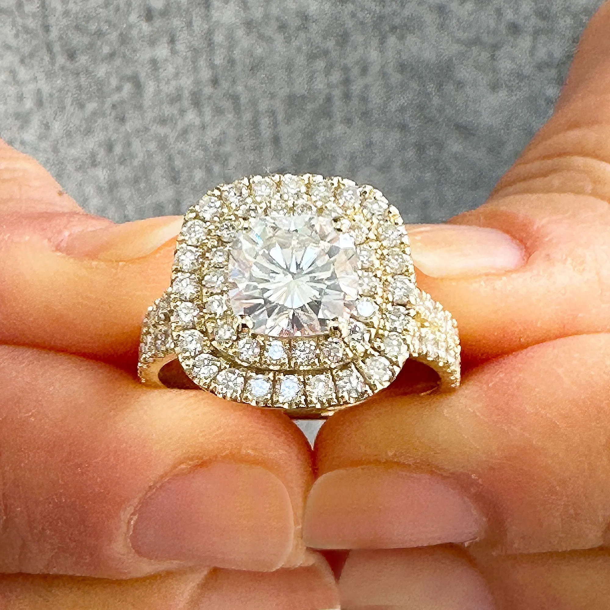 Double Halo Women's 14K Solid Yellow Gold Cushion Cut Forever One Moissanite And Natural Diamond Engagement Ring 2.80ctw