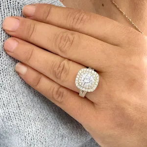 Double Halo Women's 14K Solid Yellow Gold Cushion Cut Forever One Moissanite And Natural Diamond Engagement Ring 2.80ctw